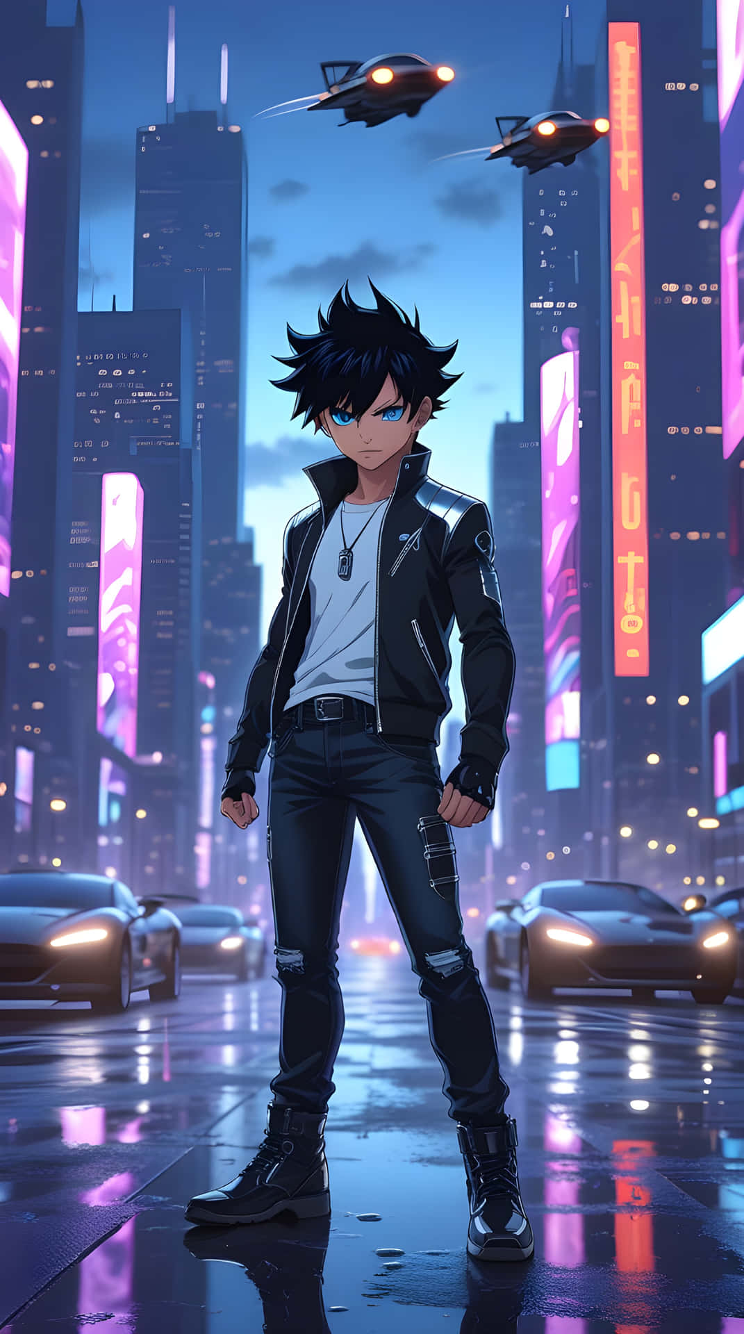 A cute anime boy stand on the city road 壁紙 — 一個刺蝟頭、身穿黑色外套的動漫少年自信地站在霓虹燈閃爍、雨中的賽博龐克街道上，飛車在頭頂呼嘯而過。