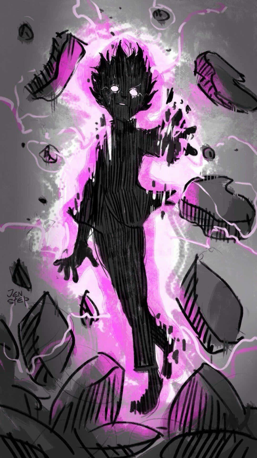 Mob Psycho iPhone 桌布 壁紙 — 一個刺蝟頭人物的黑暗剪影在破碎的碎片和漂浮的鞋子中散發出充滿活力的粉紅色能量。
