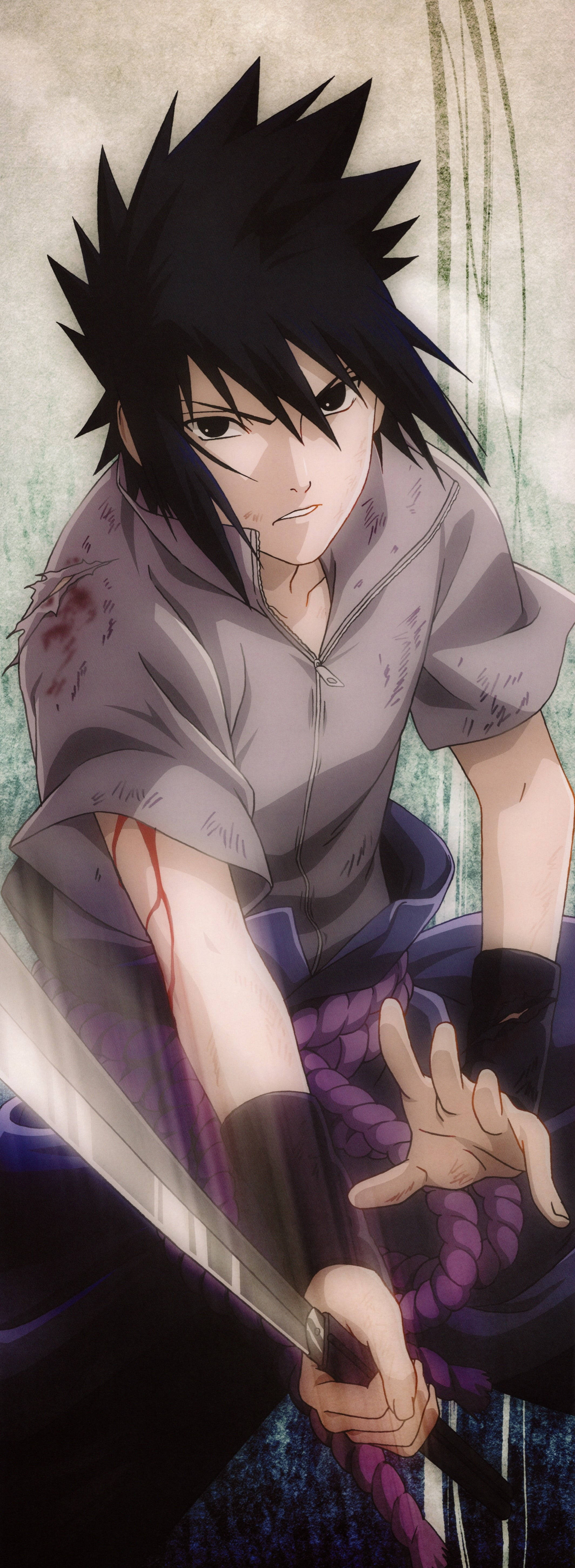 sasuke uchiha 桌布 壁紙 — 一個刺蝟頭動漫戰士，用沾滿鮮血的手臂握著劍，背景是帶紋理的綠色。