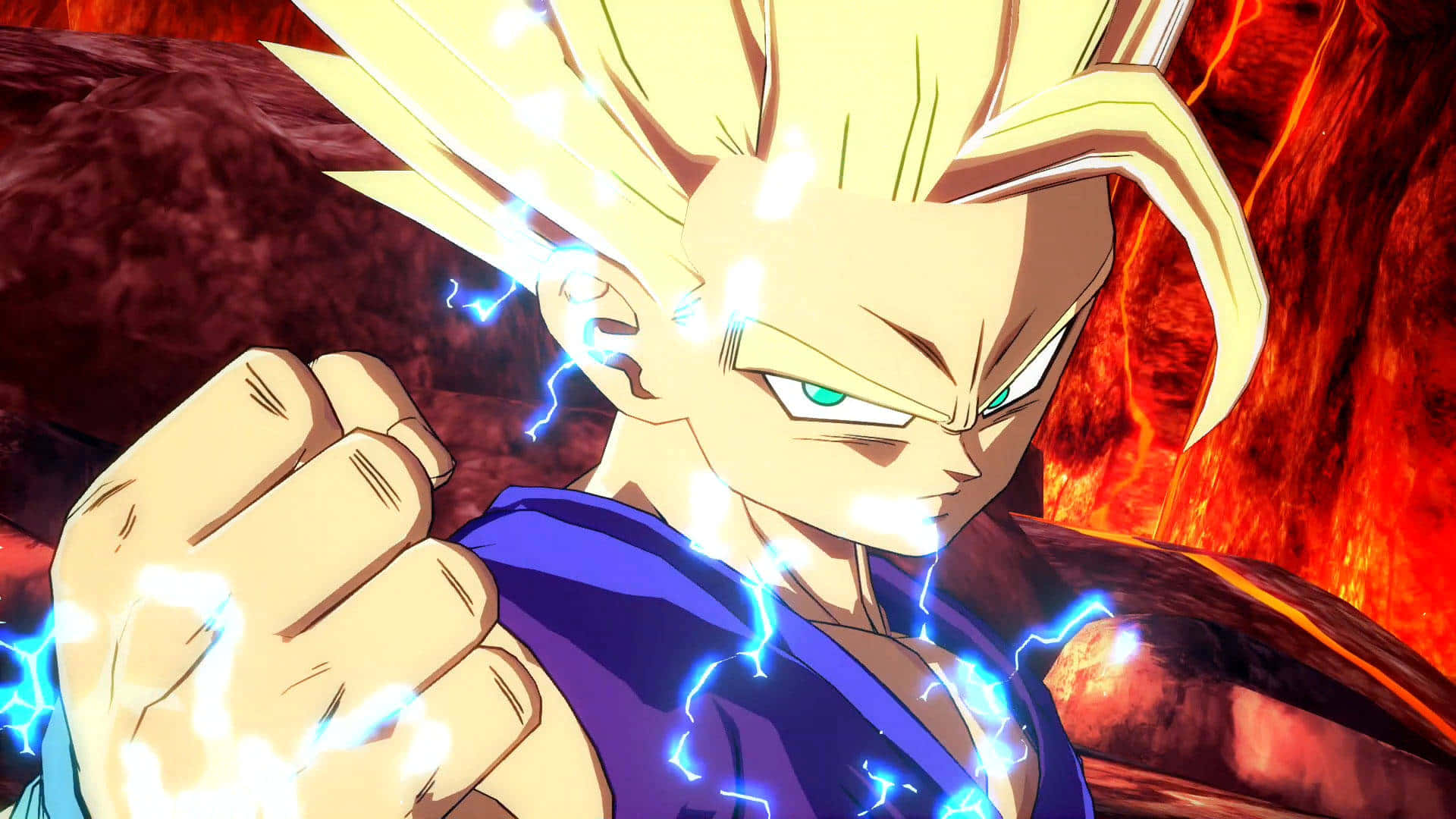 Fighting Games 桌布 壁紙 — 一個刺蝟頭動漫戰士，發光的藍色閃電在他緊握的拳頭周圍劈啪作響，背景是火紅色的。