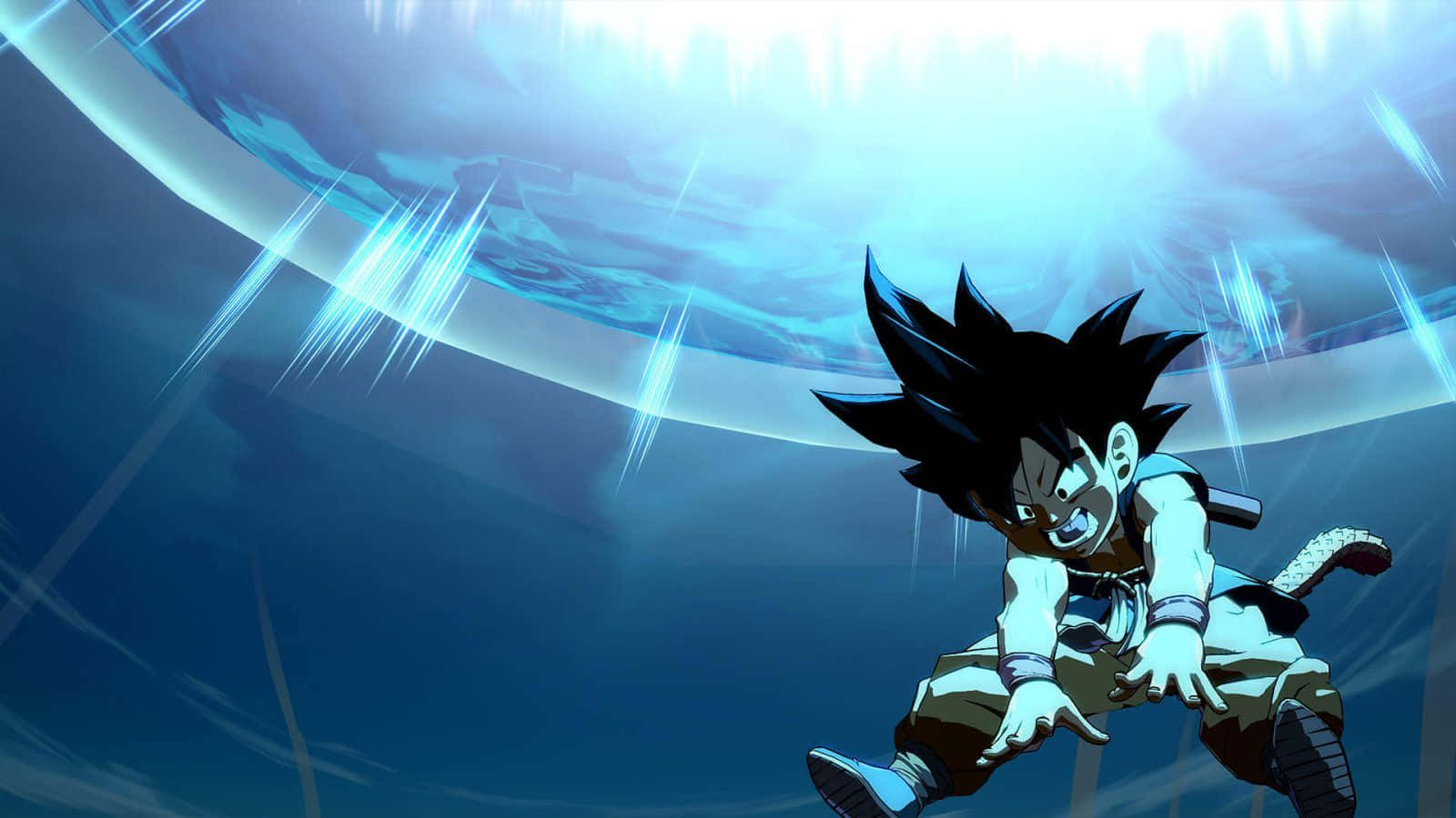 Goku's Spirit Bomb Sword 桌布 壁紙 — 一個刺蝟頭動漫戰士在半空中蹲伏，面對一個發光的藍色能量球，呈現出動態的戰鬥場景。