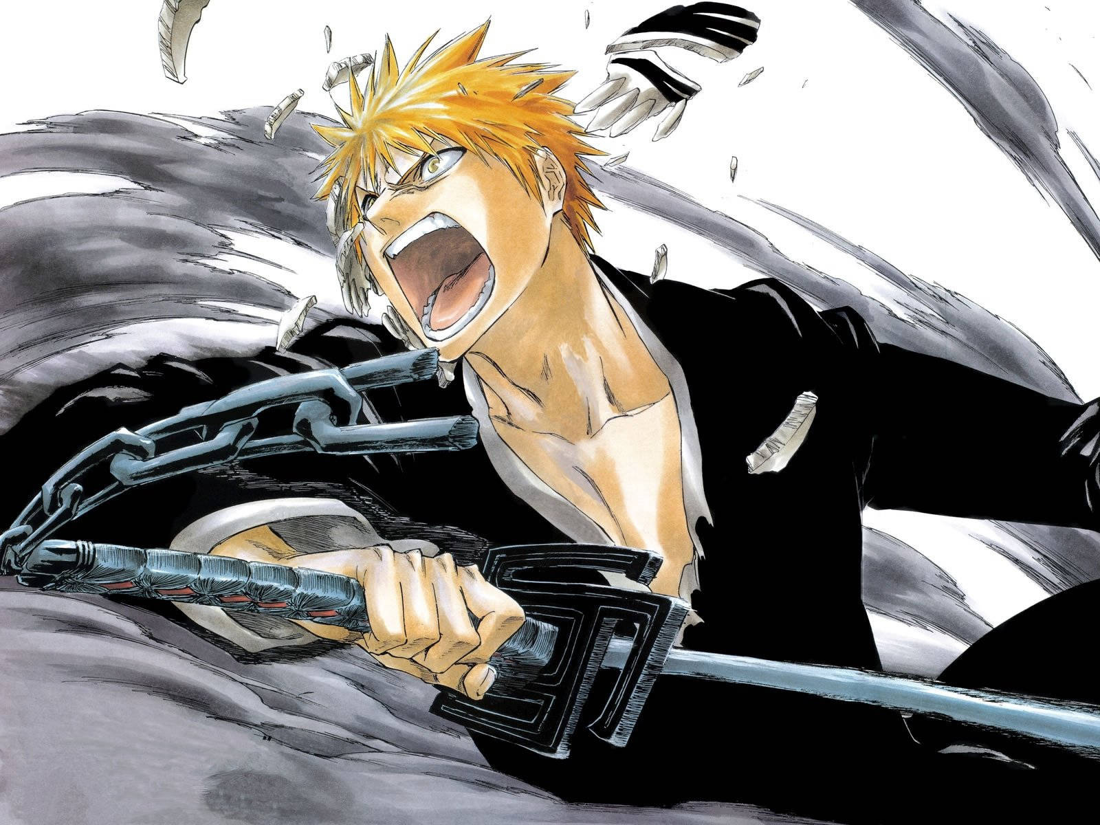 Ichigo Kurosaki 桌布 壁紙 — 一個刺蝟頭動漫戰士在破碎的瓦礫和旋轉的黑暗能量中揮劍吶喊。