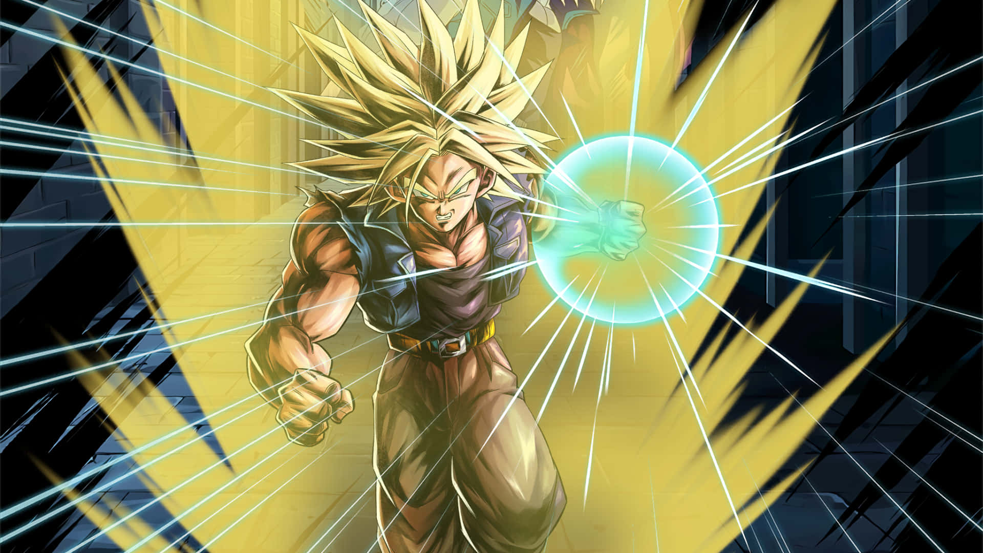 Dragon Ball Z Trunks 桌布 壁紙 — 一個刺蝟頭動漫戰士穿著紫色道服，在黑暗磚牆背景下將金色能量匯聚成發光的藍色球體。
