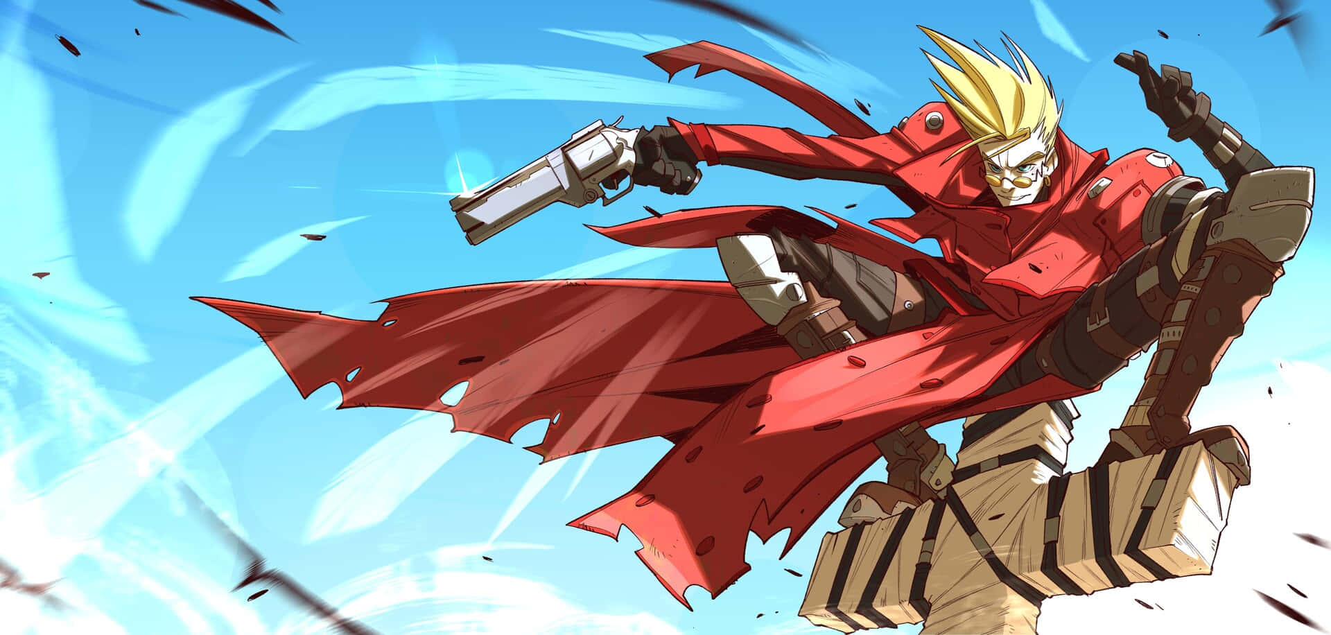 Vash The Stampede 桌布 壁紙 — 一個刺蝟頭動漫戰士穿著飄逸的紅色外套，在明亮的藍天下開槍，帶有動態模糊效果。