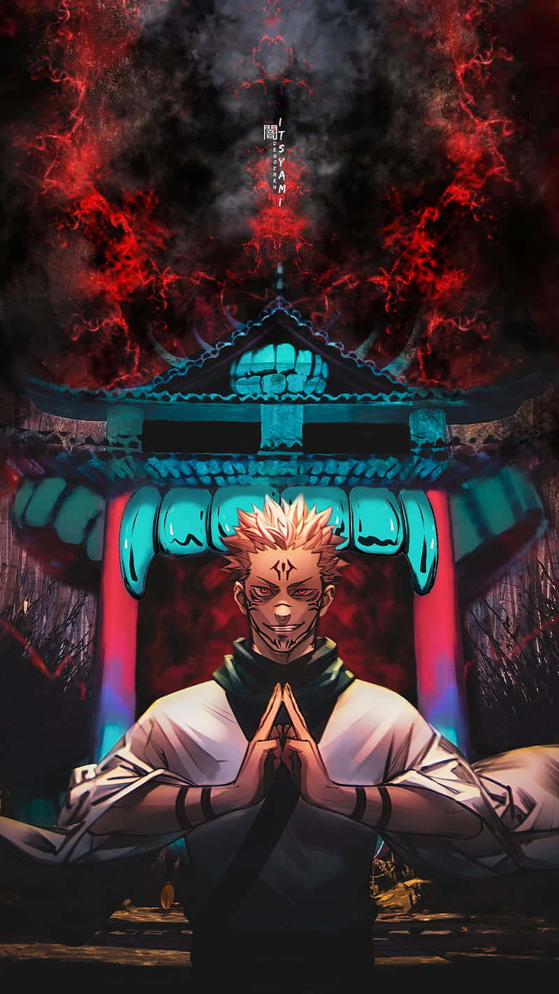 桌布 壁紙 — 一個刺蝟頭動漫戰士站在發光的藍色神社前，暗紅色的閃電在黑暗的天空中劈啪作響。