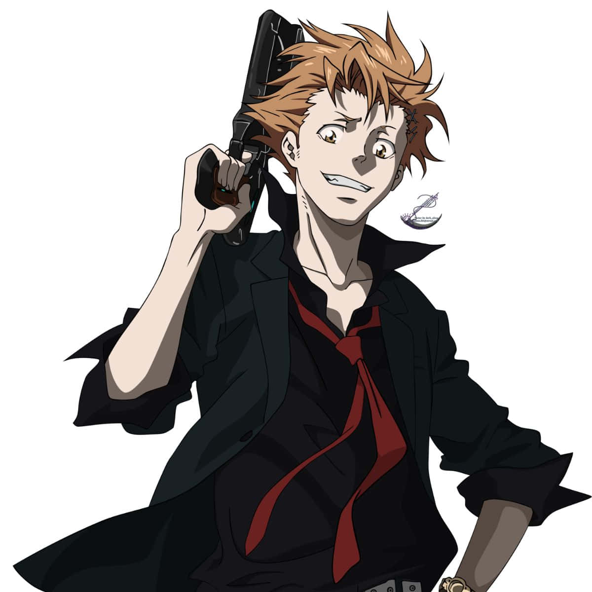 Shusei Kagari 桌布 壁紙 — 一個刺蝟頭動漫男人，身穿黑色外套和紅色領帶，手持槍指著太陽穴，露出狂笑。
