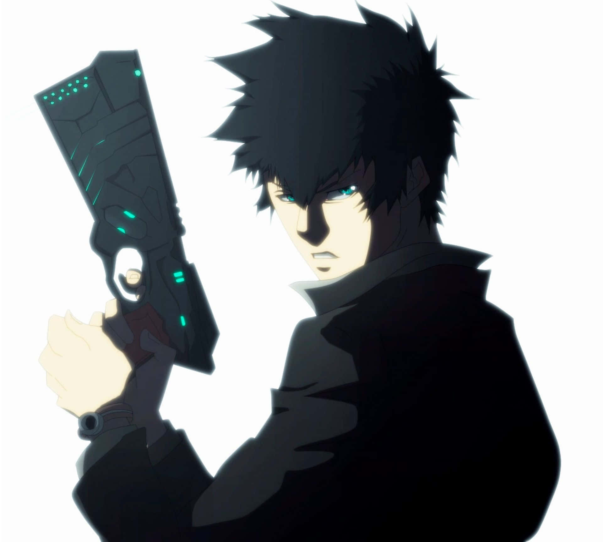 Shinya Kogami 桌布 壁紙 — 一個刺蝟頭動漫男子身穿深色外套，在純白背景前握著一把發光的未來手槍。