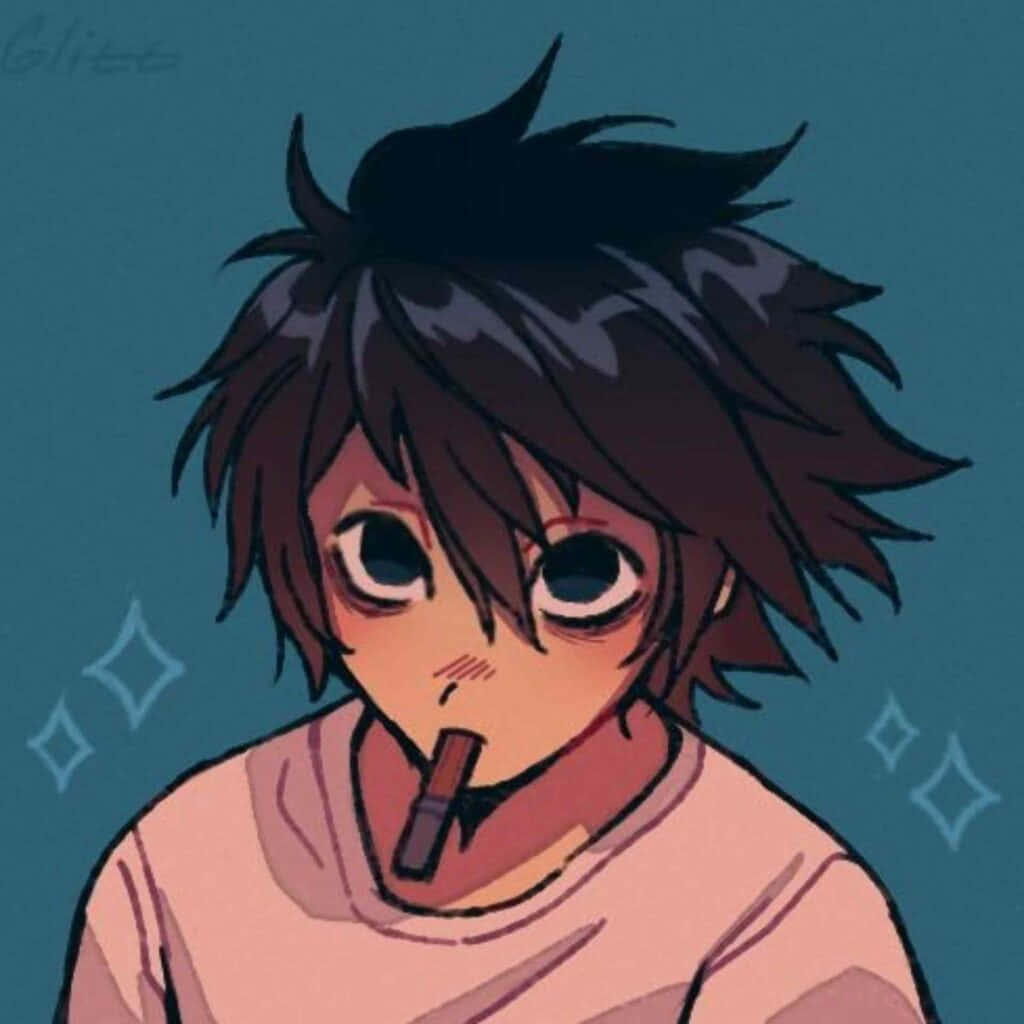 死亡筆記本 桌布 壁紙 — 一個刺蝟頭動漫男孩，大眼睛，拿著巧克力棒貼在嘴唇上，背景是帶有閃光的青色。