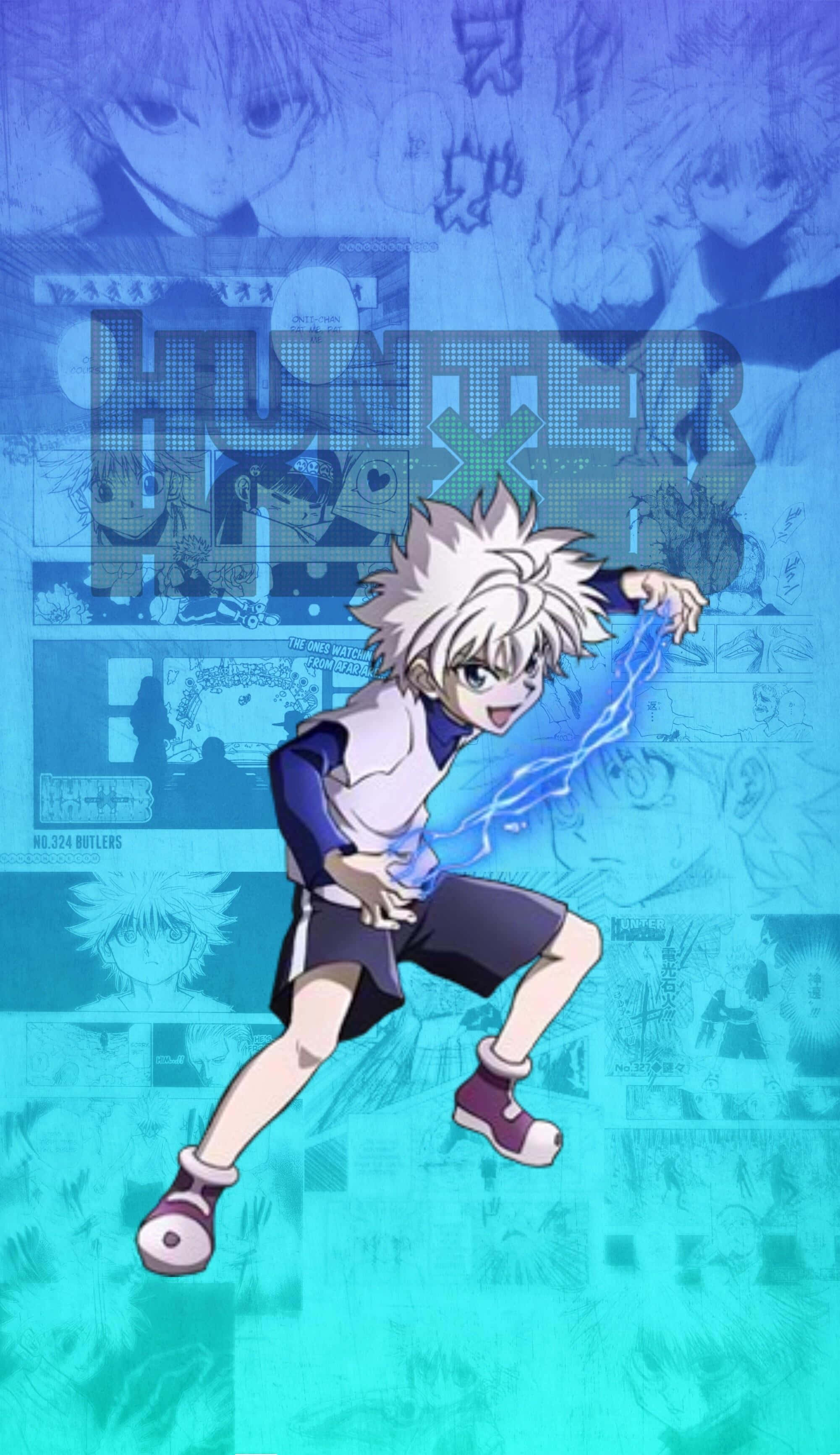 Killua Cute 桌布 壁紙 — 一個刺蝟頭動漫男孩以動態姿勢引導藍色能量，背景是漫畫面板和褪色角色面孔的拼貼畫。