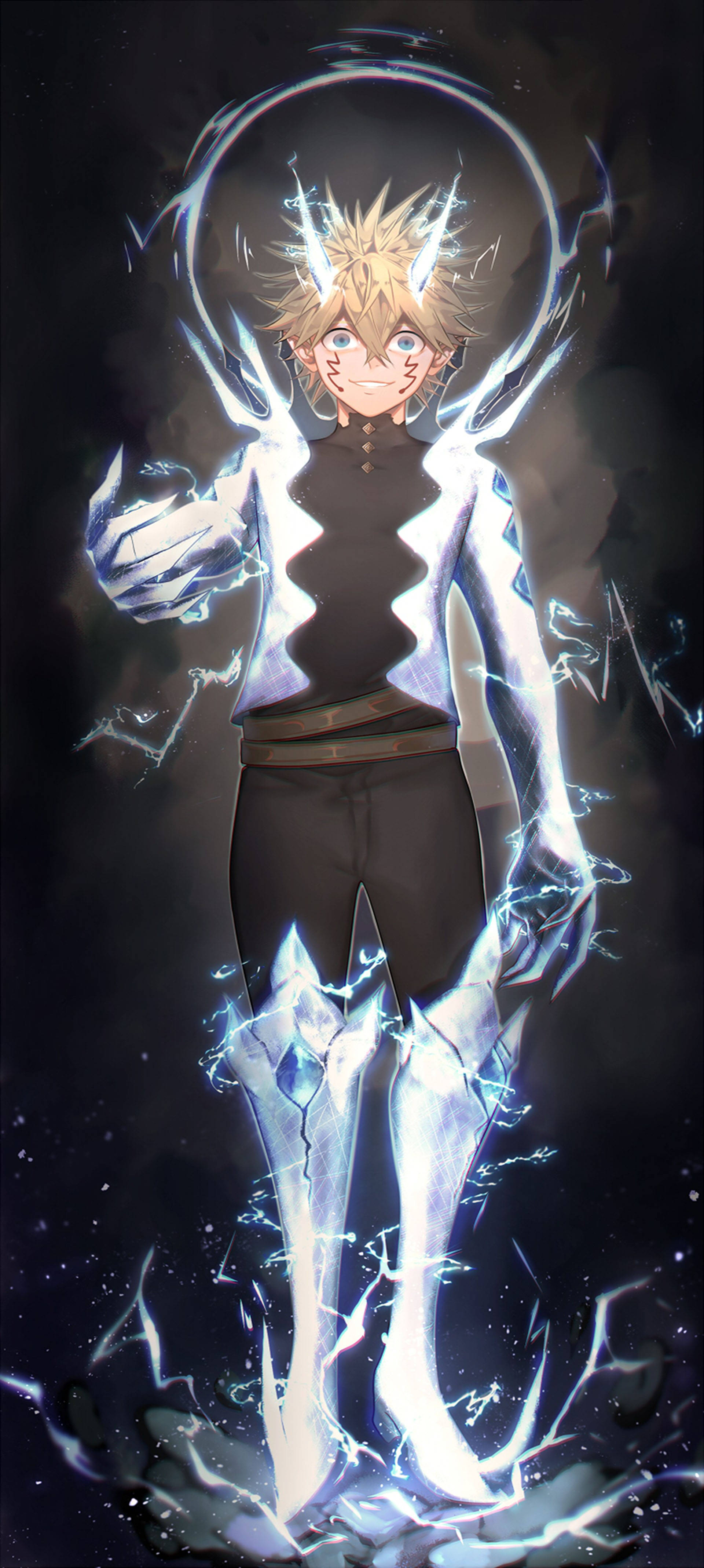 Luck Voltia 桌布 壁紙 — 一個刺蝟頭動漫男孩散發著電能，發光的藍色閃電在他身體周圍劈啪作響，背景是黑暗的宇宙。