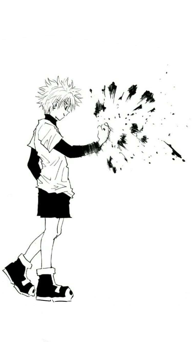 桌布 壁紙 — 一個刺蝟頭動漫男孩穿著黑白服裝向前出拳，釋放出動態的墨水飛濺爆炸。