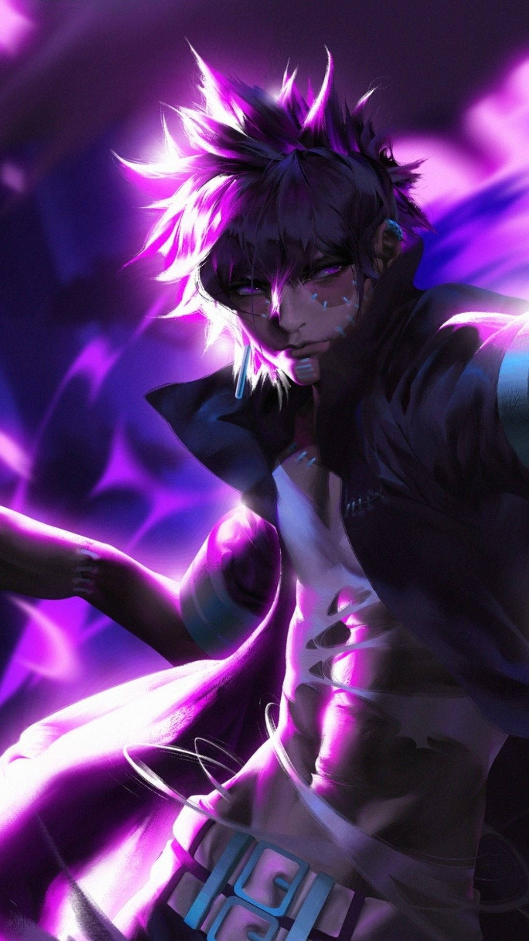 荼毘 桌布 壁紙 — 一個刺蝟頭動漫男性，身體散發出紫色發光能量，背景是黑暗的宇宙。