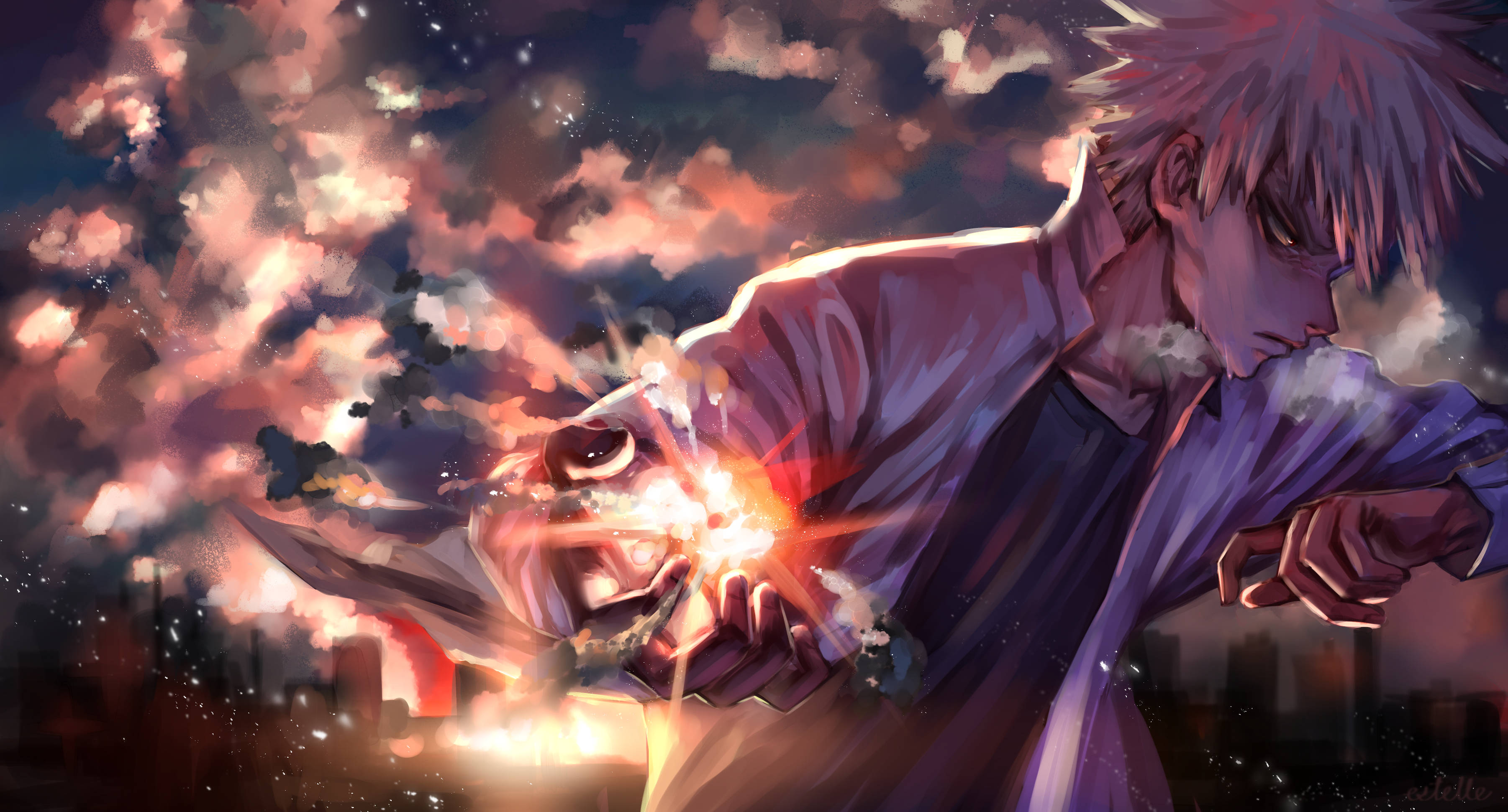 Bakugo 桌布 壁紙 — 一個刺蝟頭動漫角色在城市景觀上空的戲劇性日落天空中引導發光能量。