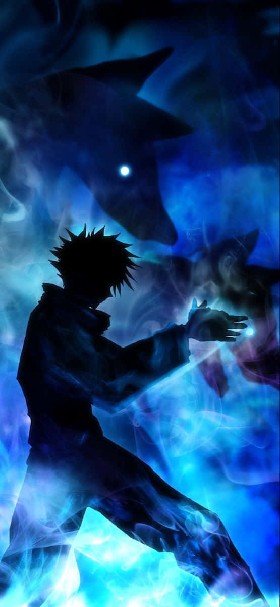 Cool Anime Blue 桌布 壁紙 — 一個刺蝟頭動漫角色的黑暗剪影正在引導發光的藍色能量，而一隻有一隻發光眼睛的陰影狼潛伏在背後。