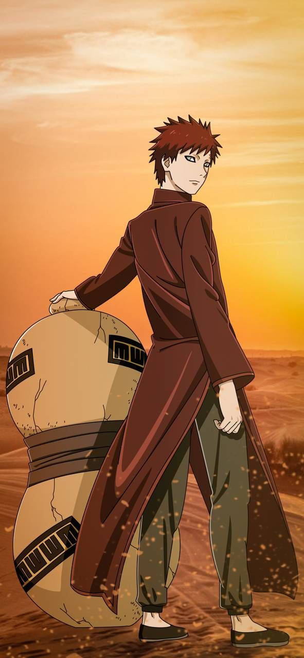 Gaara iPhone 桌布 壁紙 — 一個刺蝟頭動漫角色身穿棕色長袍，站在一個大卷軸旁邊，背景是溫暖的日落天空。