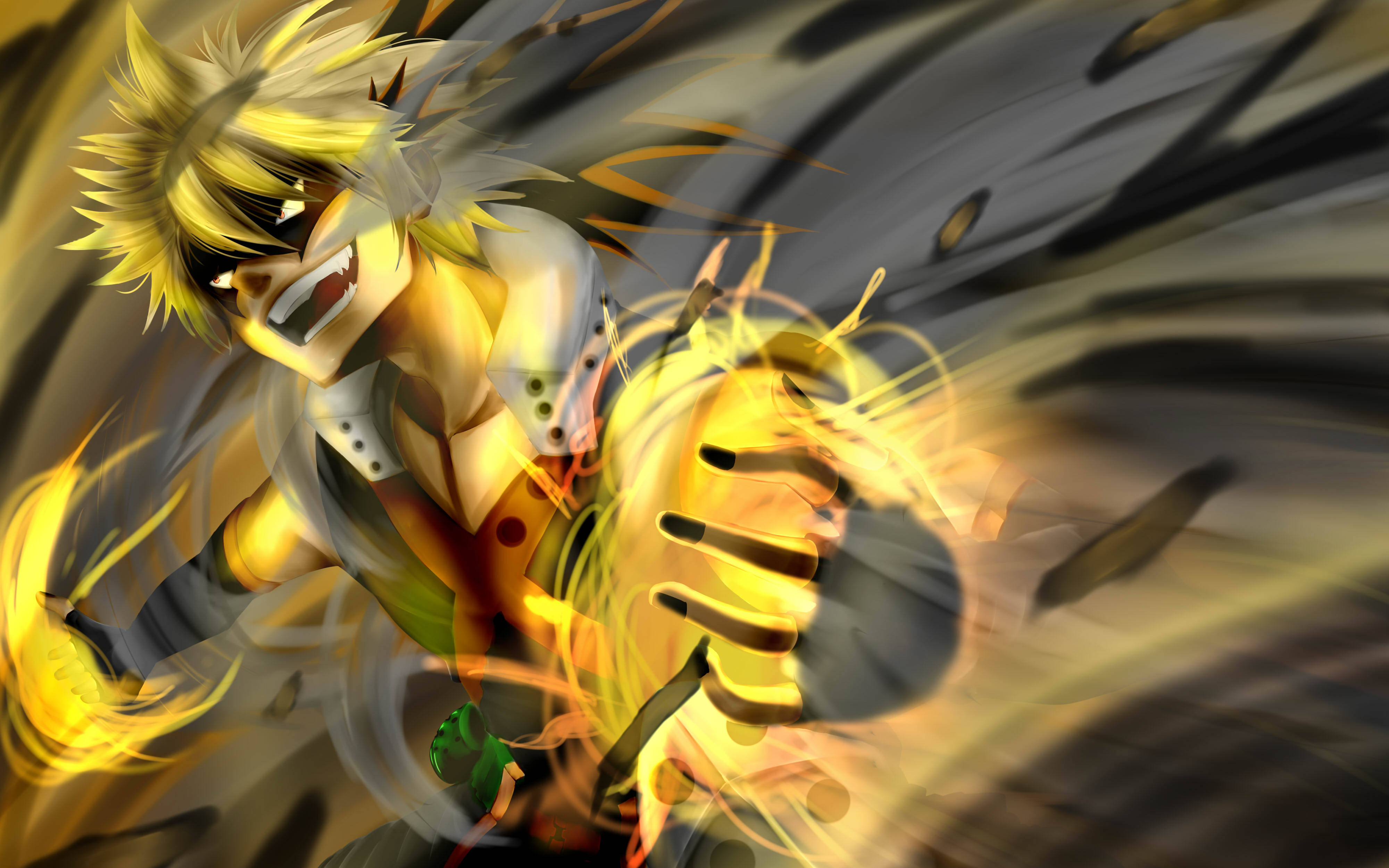 Bakugo 桌布 壁紙 — 一個刺蝟頭動漫角色釋放出熾熱的能量爆炸，帶有強烈的動態模糊和黃色發光效果。