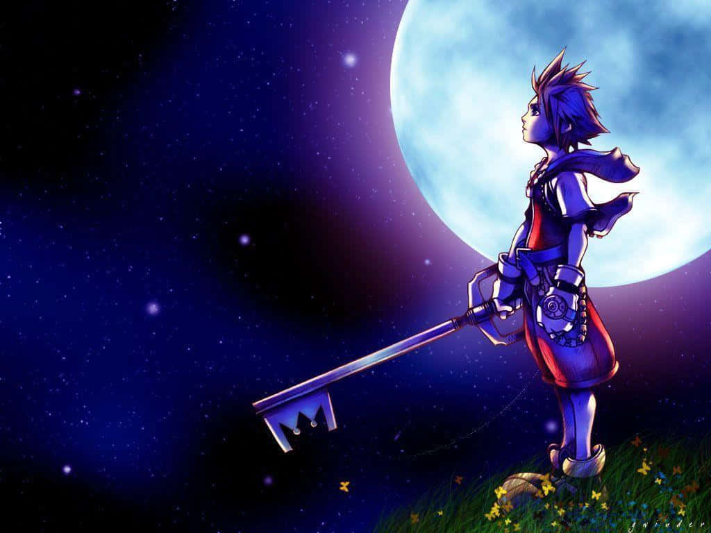 Kingdom Hearts Sora 桌布 壁紙 — 一個刺蝟頭動畫男孩站在草地上，在星光燦爛的夜空下，手持一把巨大的鑰刃，月亮閃耀著光芒。