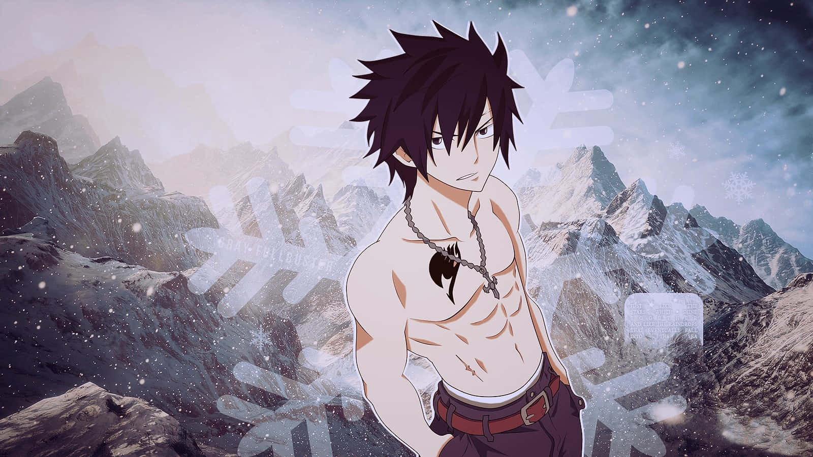 Gray Fullbuster 桌布 壁紙 — 一個刺蝟頭動畫男性赤裸上身站在雪山背景下，雪花飄落，星空閃爍。