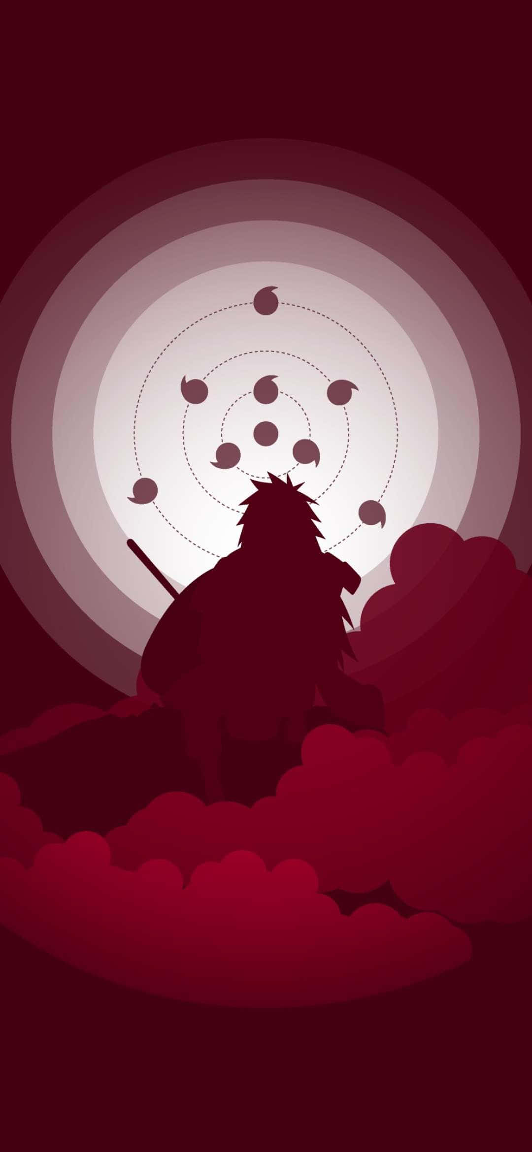 Sharingan Eyes 桌布 壁紙 — 一個刺蝟頭忍者的剪影站在雲端上，背景是發光的紅白同心圓。