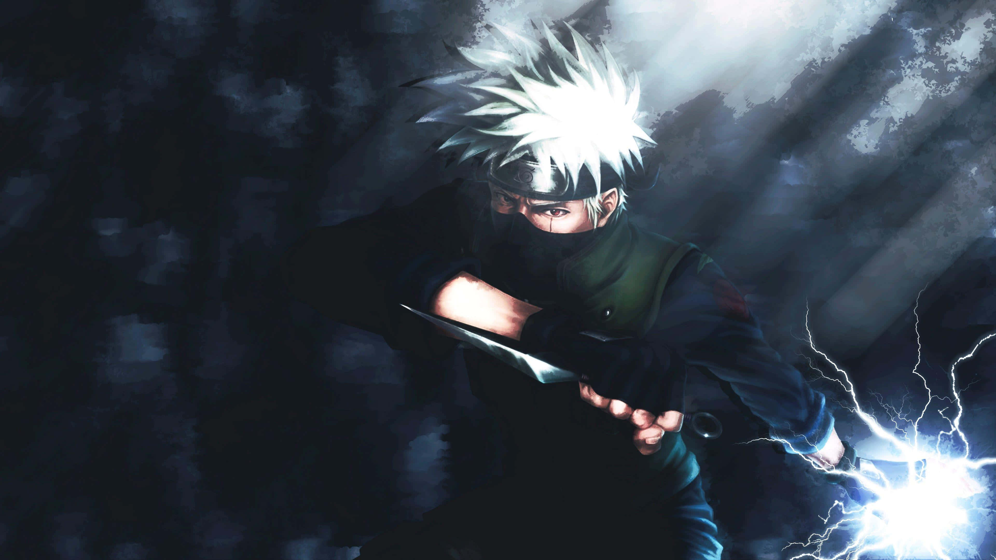 Naruto Anime 桌布 壁紙 — 一個刺蝟頭忍者穿著黑色裝備，在暴風雨背景下揮舞著發光的閃電附魔劍。