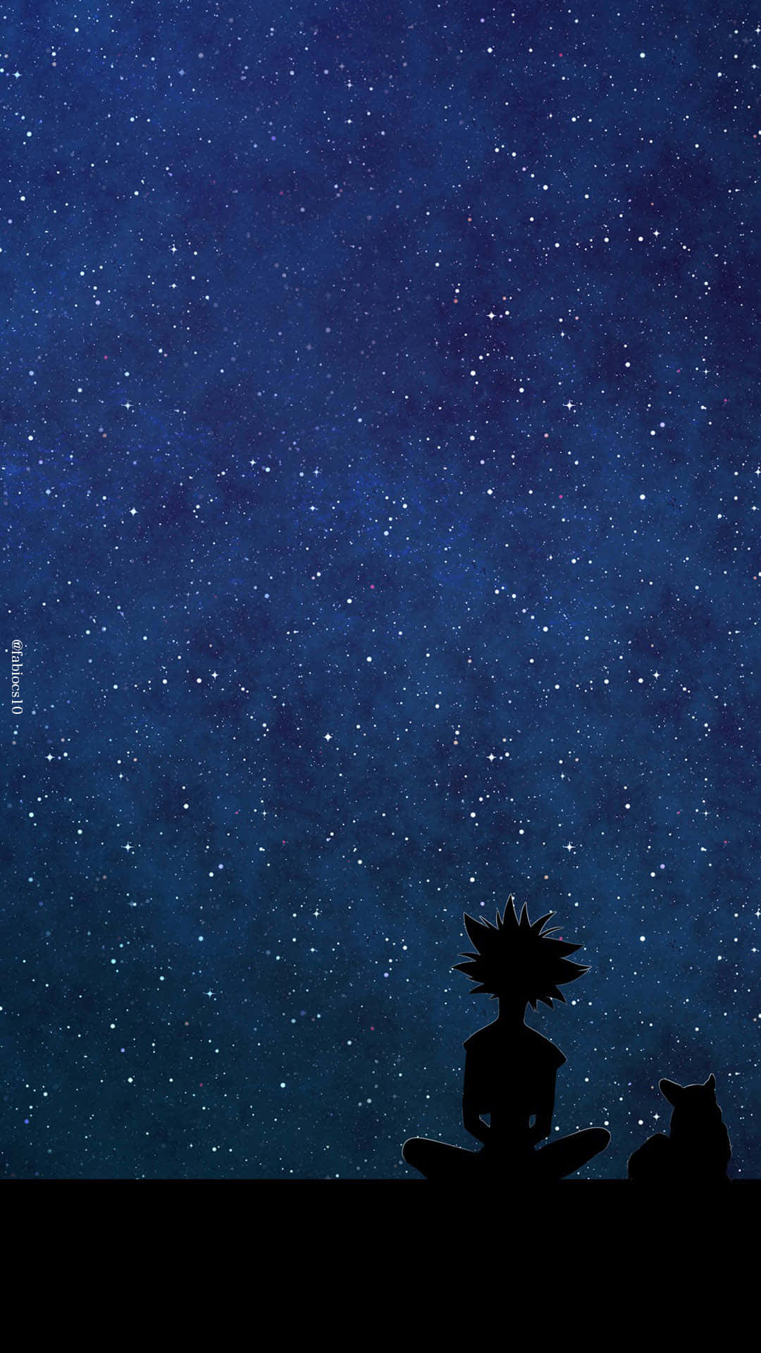 星際牛仔 桌布 壁紙 — 一個刺蝟頭男孩和一隻貓的剪影，在廣闊的星空下靜靜地坐著。