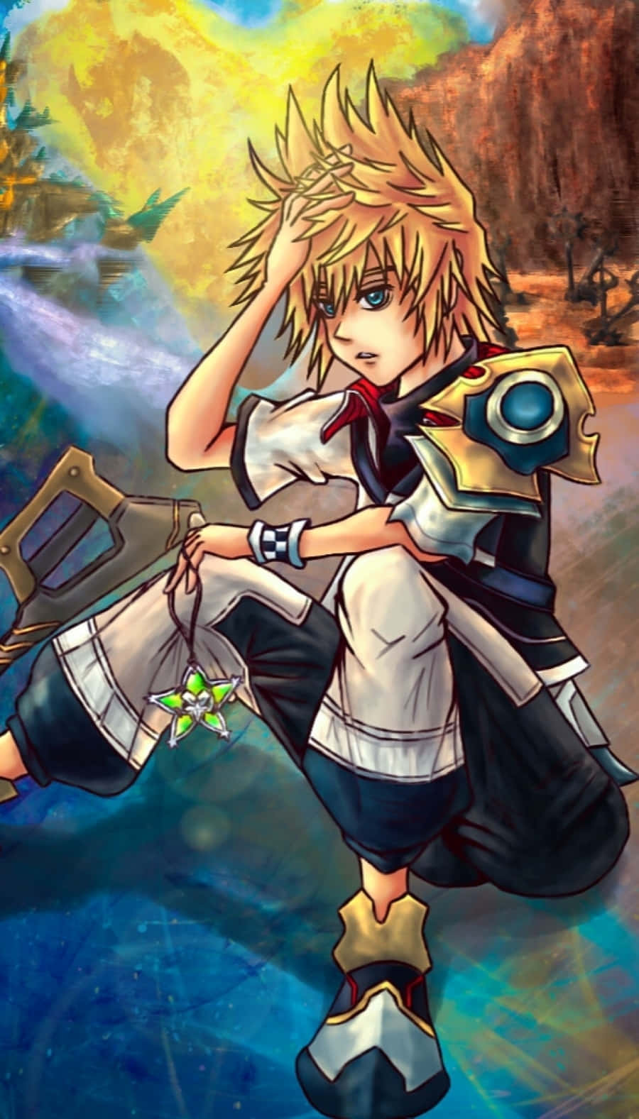 Kingdom Hearts Ventus 桌布 壁紙 — 一個刺蝟頭的動漫少年身穿奇幻盔甲，跪在發光的藍色能量中，表情堅定。