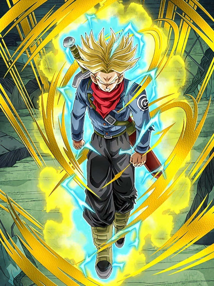 Trunks 桌布 壁紙 — 一個刺蝟頭的動漫戰士，身穿藍色和紅色的裝備，在動態戰鬥姿勢中散發出藍色閃電和黃色能量。