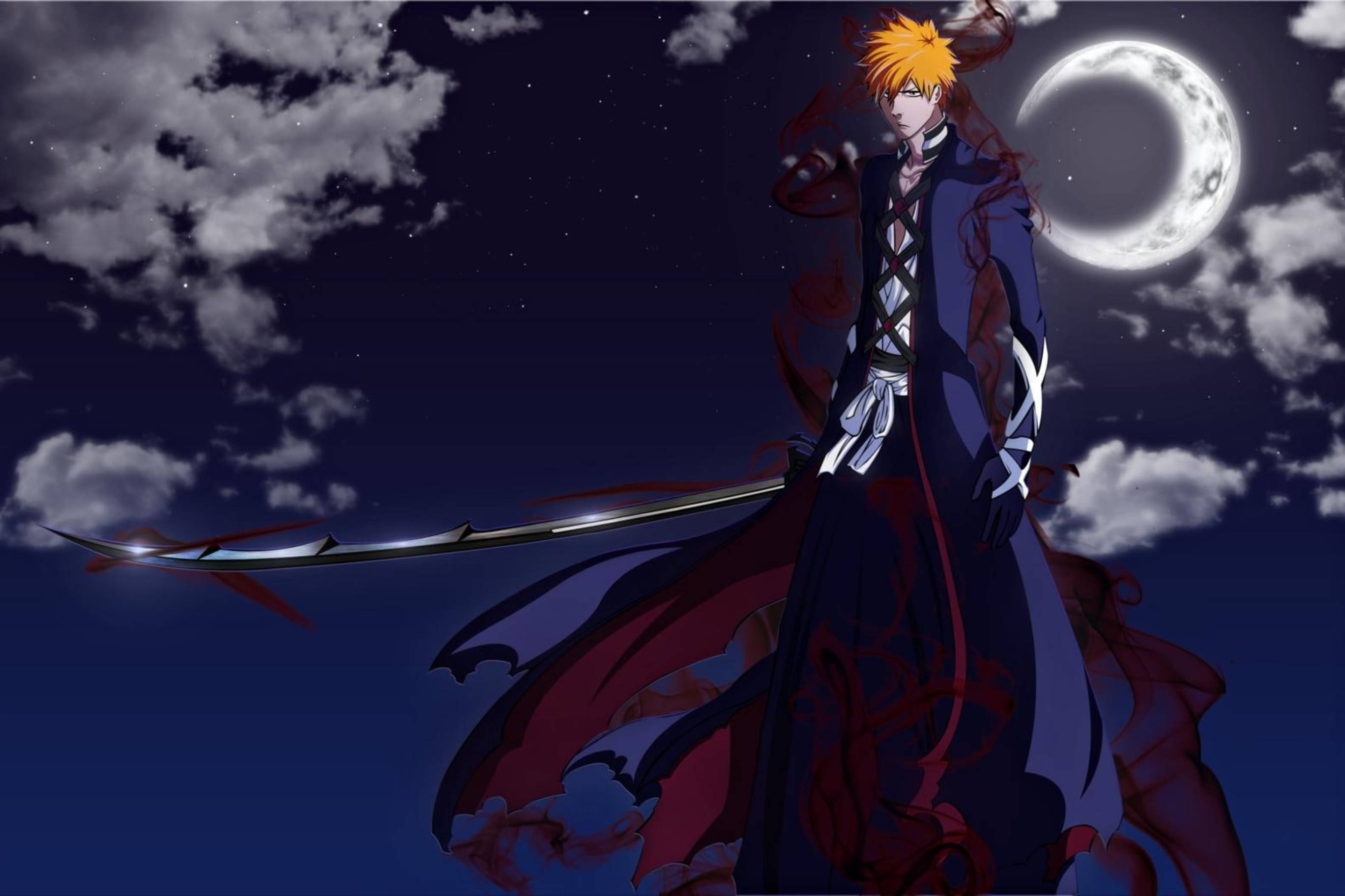 Bankai 桌布 壁紙 — 一個刺蝟頭的動漫戰士身穿黑色長袍，站在新月下，手持發光的劍，背景是繁星點點的夜空。