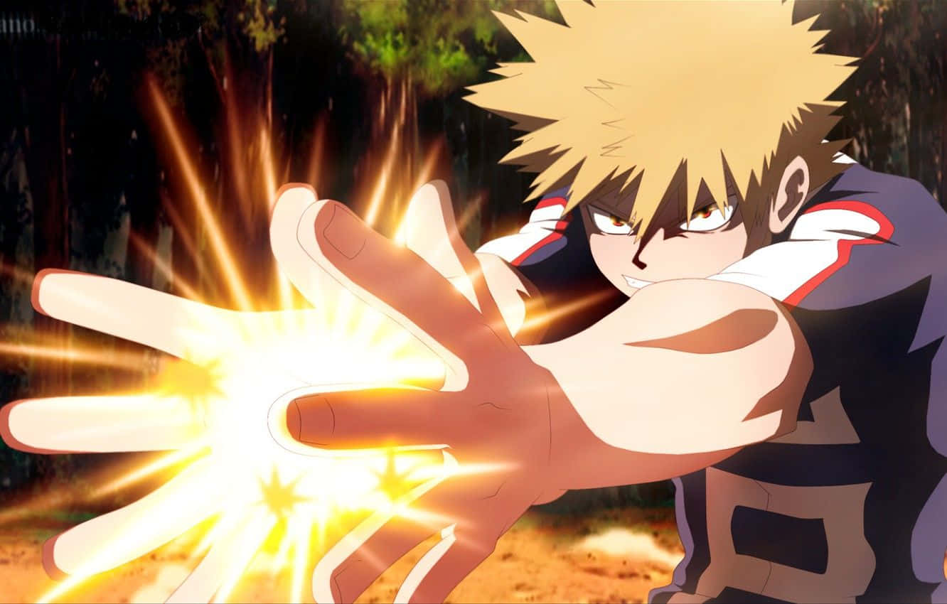 Bakugo 桌布 壁紙 — 一個刺蝟頭的動漫男孩在黃昏的森林中，從伸出的手掌中引導出發光的黃色能量。