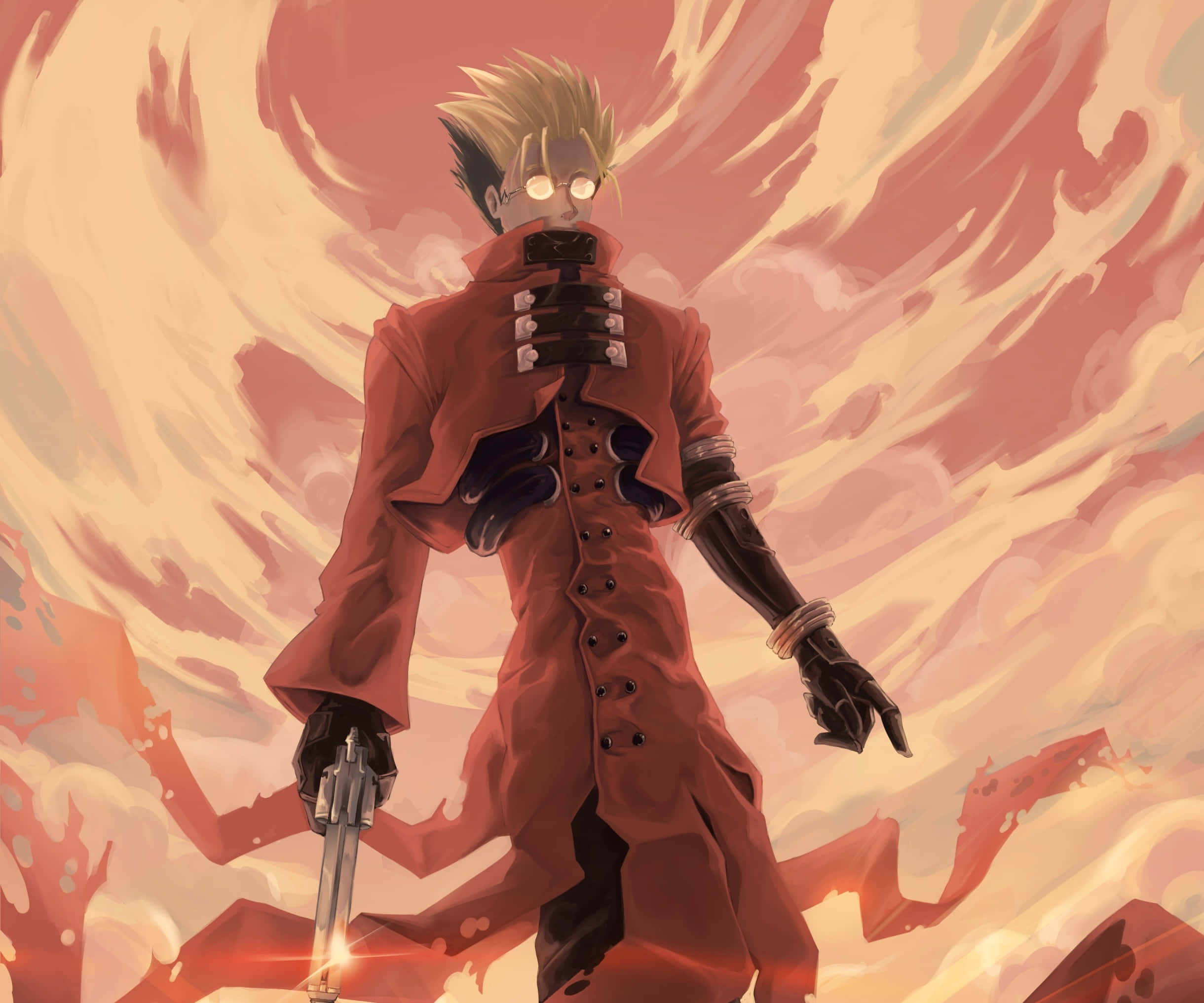 Vash The Stampede 桌布 壁紙 — 一個刺蝟頭的動漫角色身穿紅色外套，手持發光劍，挑釁地站在旋轉的火焰天空前。