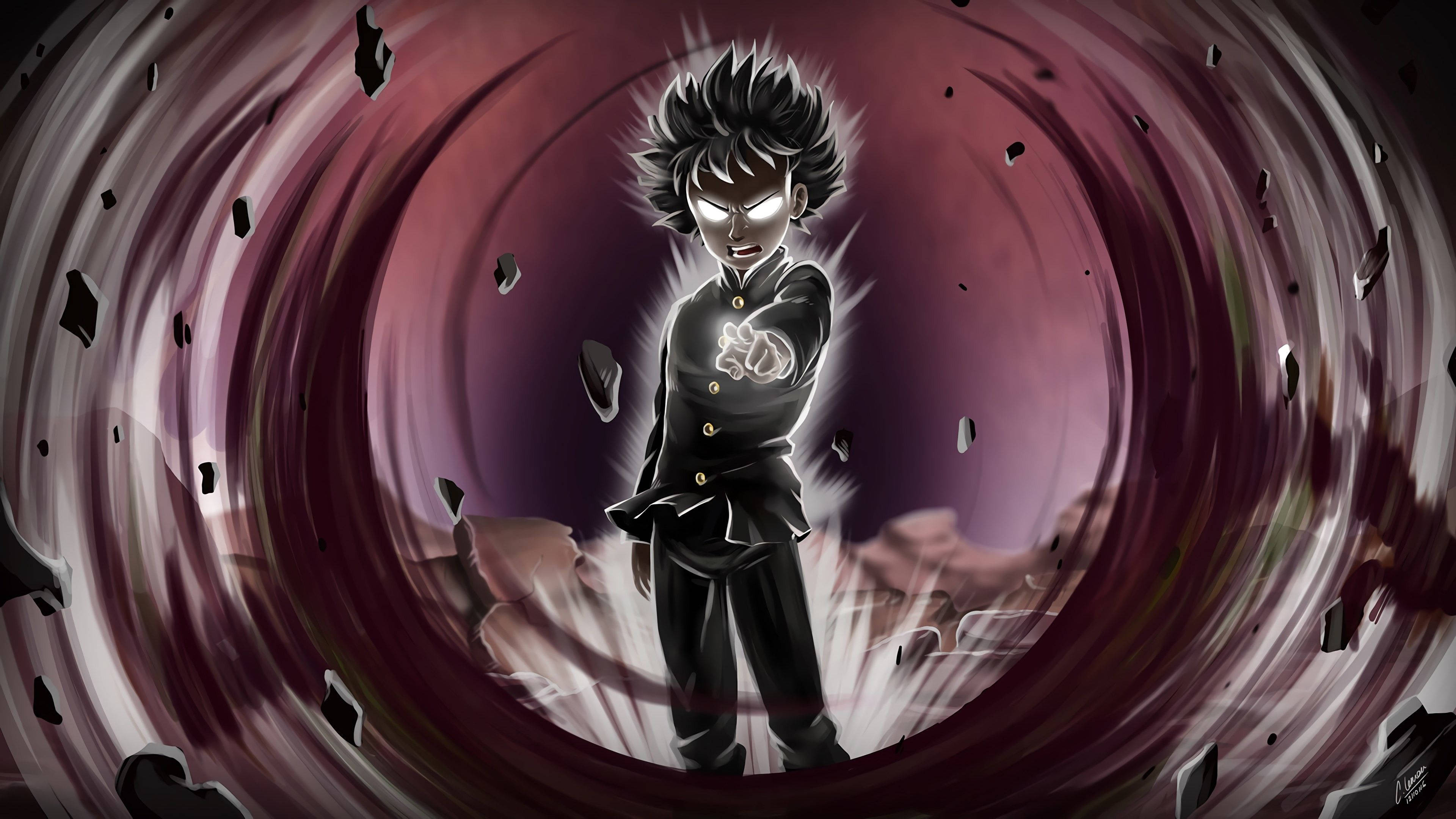 psycho 桌布 壁紙 — 一個刺蝟頭的黑制服動漫男孩，在旋轉的紫色漩渦中挑釁地站立，周圍漂浮著碎片。