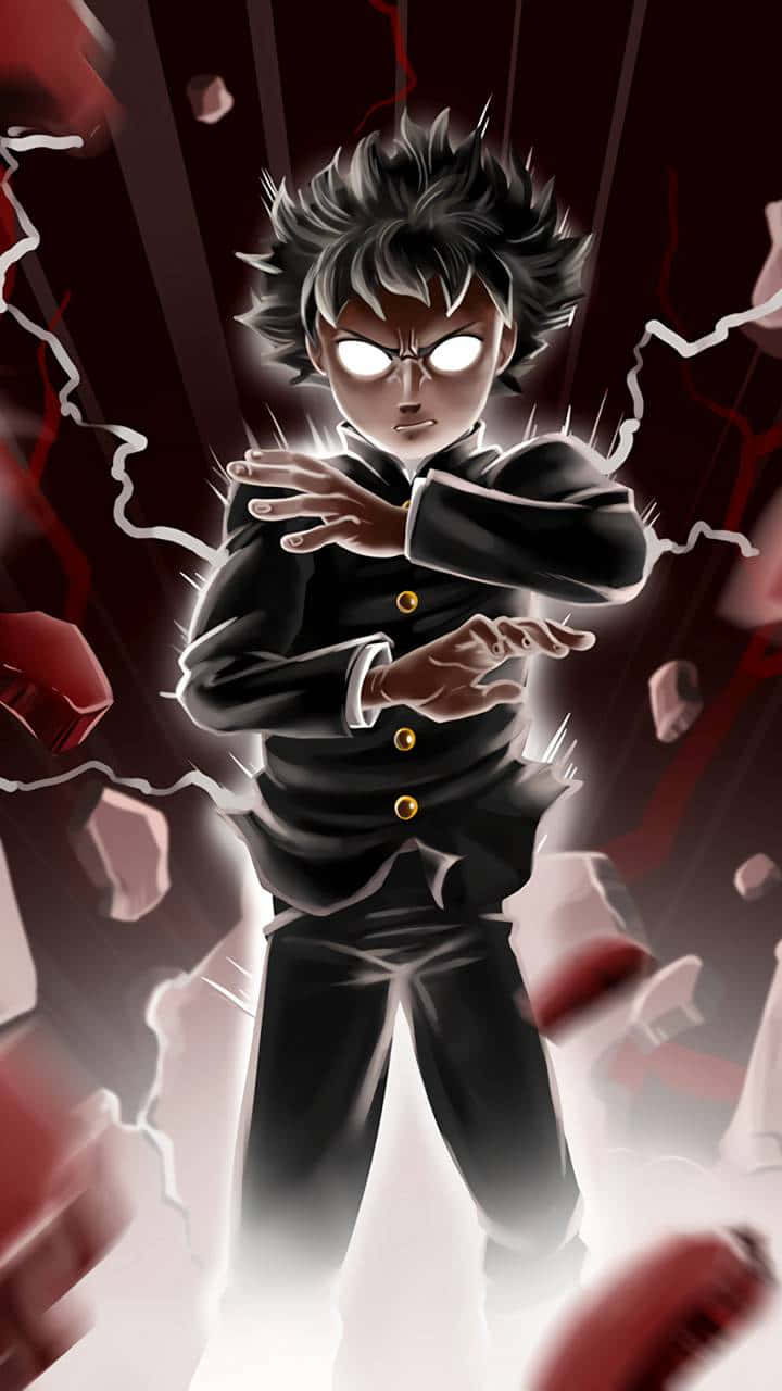 Mob Psycho iPhone 桌布 壁紙 — 一個刺蝟頭的黑制服動漫男孩，在紅色碎片爆炸的環境中，用銳利的眼神引導發光的白色能量。