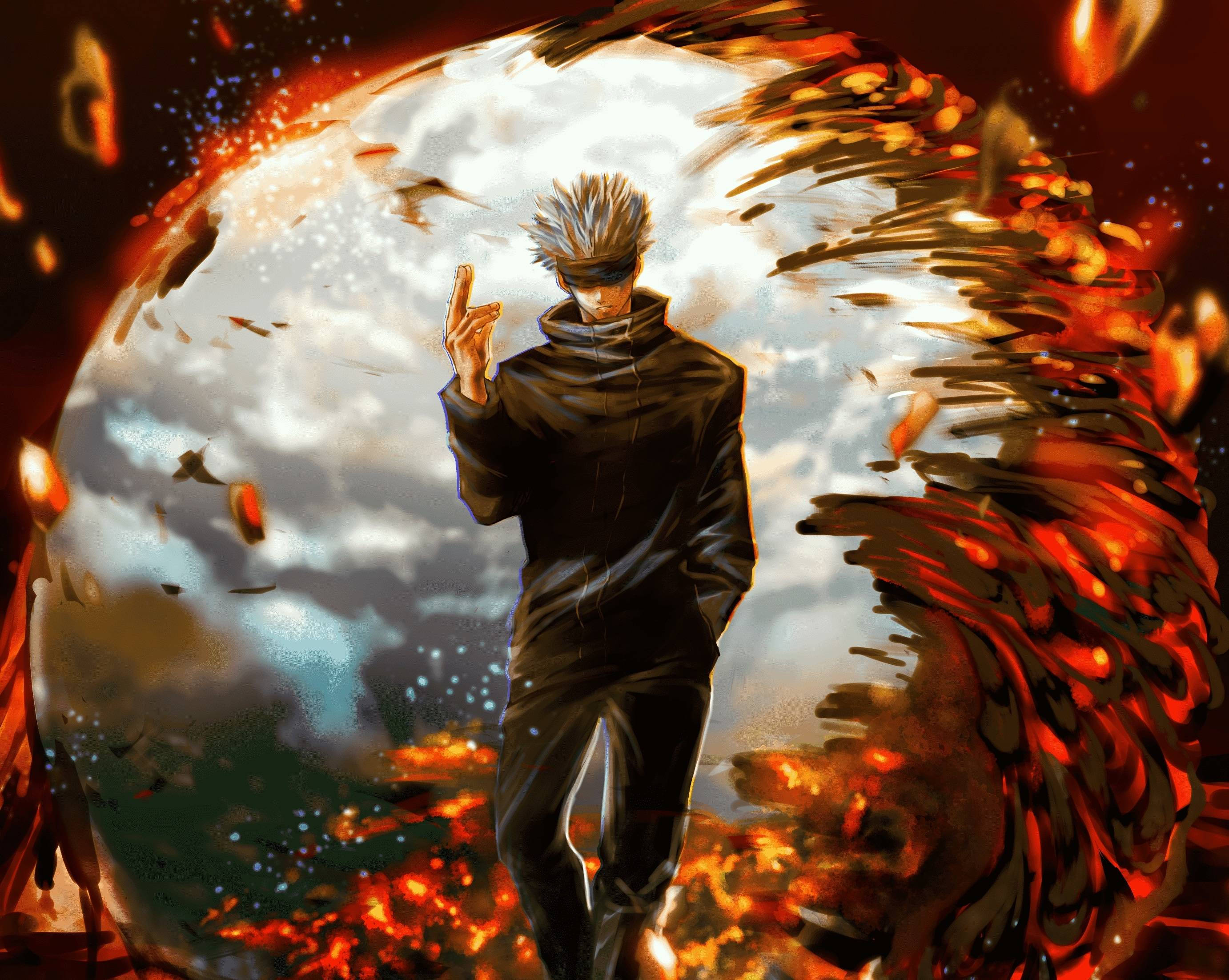 Jujutsu Kaisen Desktop 桌布 壁紙 — 一個刺蝟頭的黑袍動漫戰士，在暴風雨的天空下，挑釁地站著，周圍燃燒的能量旋轉。