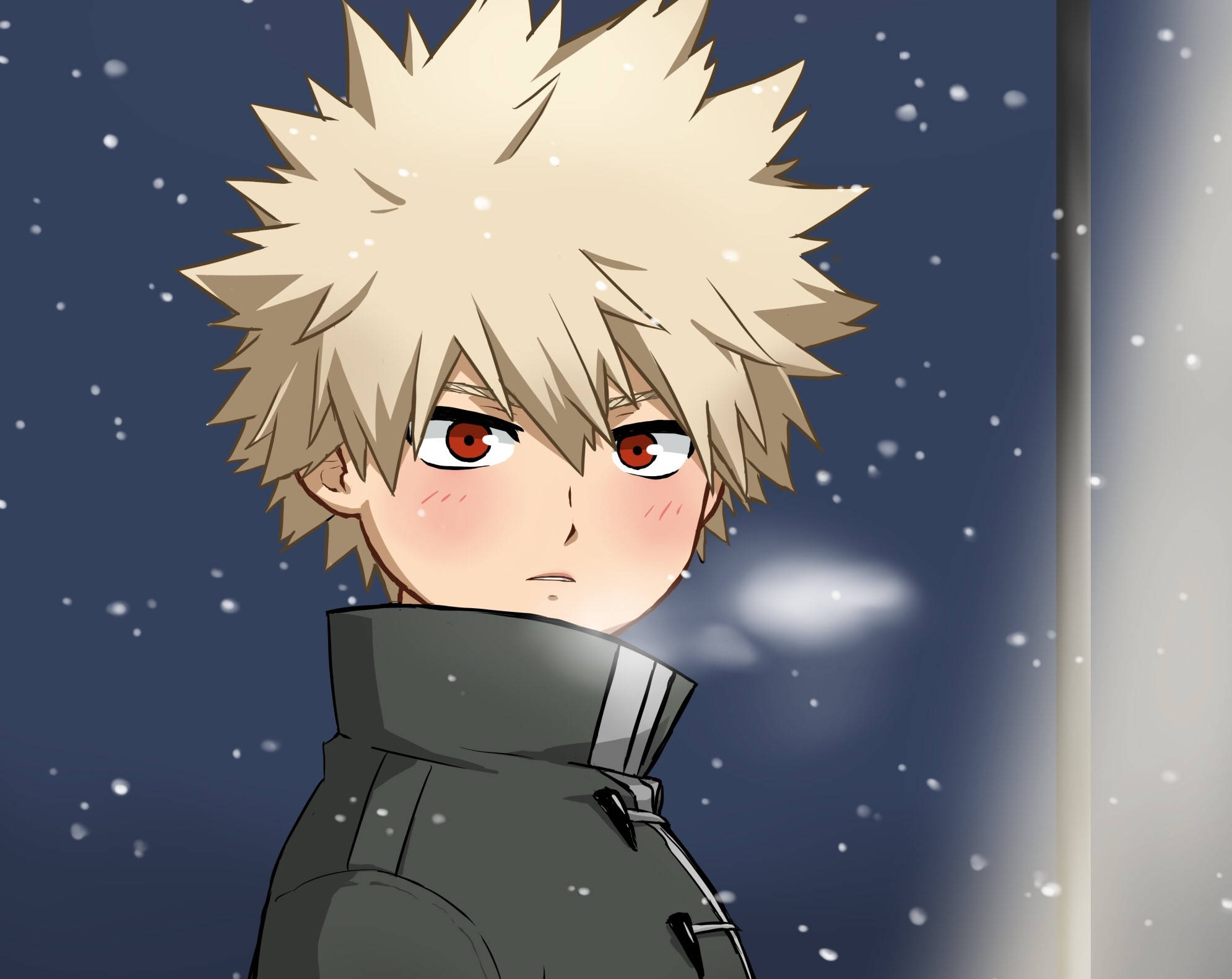 爆豪 桌布 壁紙 — 一個刺蝟頭紅眼動漫男孩在夜晚透過雪窗莊嚴地凝視。