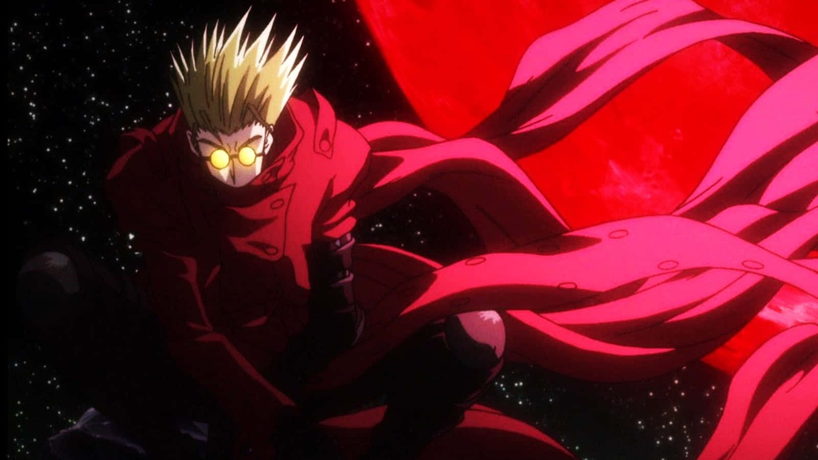Trigun 桌布 壁紙 — 一個刺蝟頭髮的動漫戰士，身穿飄逸的紅色外套，在星光燦爛的宇宙背景下，身後有一顆發光的紅色星球，他挑釁地站立著。
