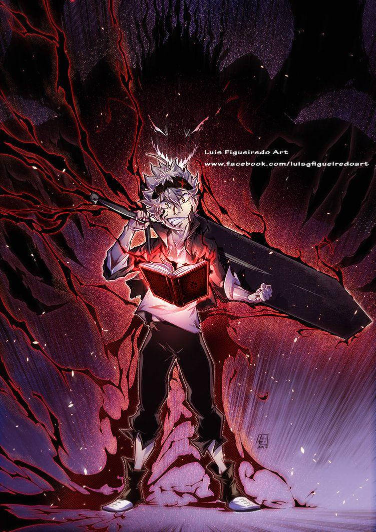 Black Clover Asta 桌布 壁紙 — 一個刺蝟頭髮的動漫戰士挑釁地站著，手持發光的紅色書本和劍，身處旋轉的深紅和紫色宇宙風暴中。