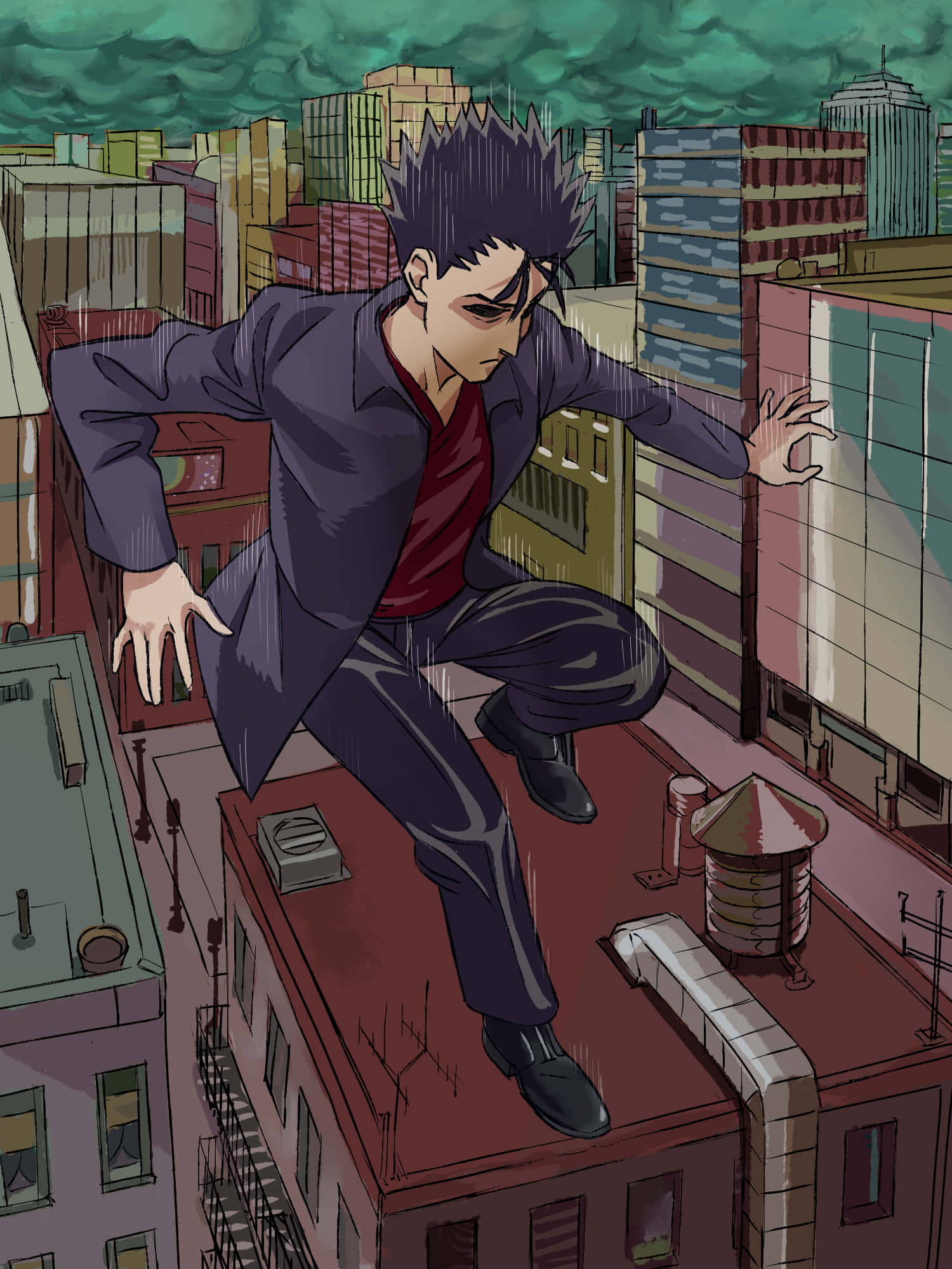 Ryo Shimazaki 桌布 壁紙 — 一個刺蝟頭髮的動漫男子穿著深色西裝，在暴風雨綠色天空下的城市屋頂上蹲伏。