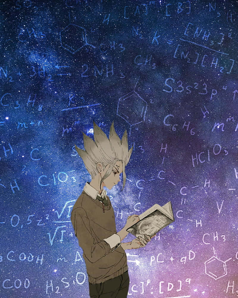 動漫 桌布 壁紙 — 一個刺蝟頭髮的動漫男孩在充滿發光化學公式和星星的宇宙背景下讀書。