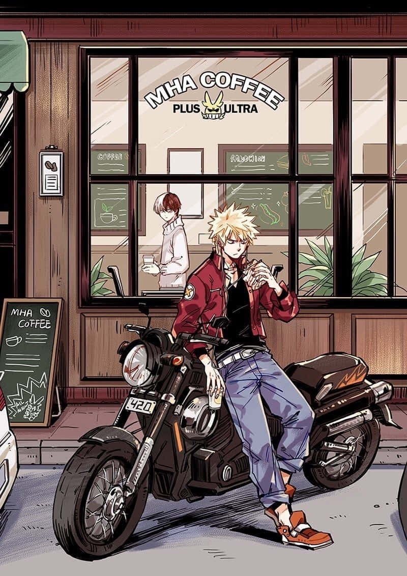 桌布 壁紙 — 一個刺蝟頭髮的動漫男孩穿著紅色外套，隨意地靠在一輛黑色機車上，身後是MHA Coffee店，裡面有一位戴面具的咖啡師。