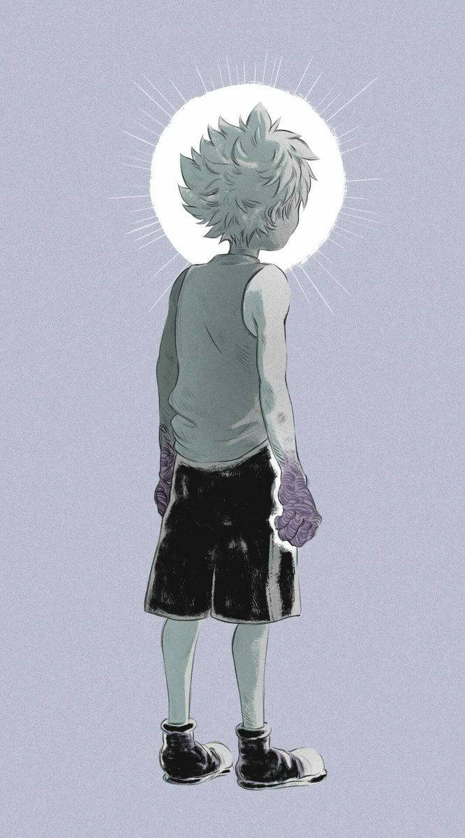奇犽 桌布 壁紙 — 一個刺蝟頭髮的動漫男孩背對著觀眾站立，光環在他頭後發光，背景是柔和的薰衣草色。