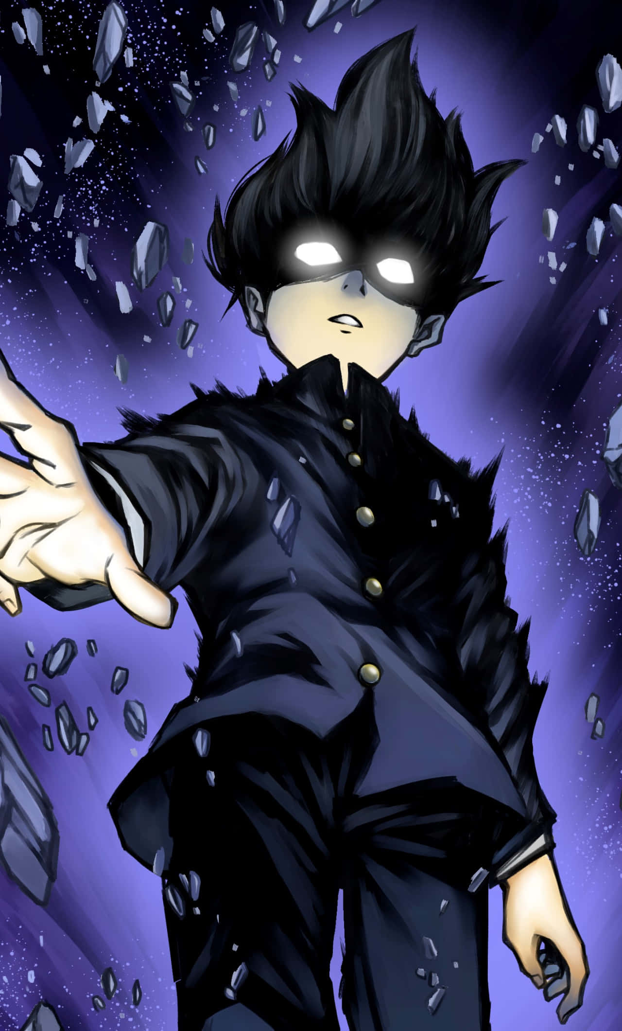 動漫男孩 桌布 壁紙 — 一個刺蝟頭髮的動漫角色，身穿深色制服，眼睛發光，站在漂浮的岩石之間，背景是紫色的宇宙。