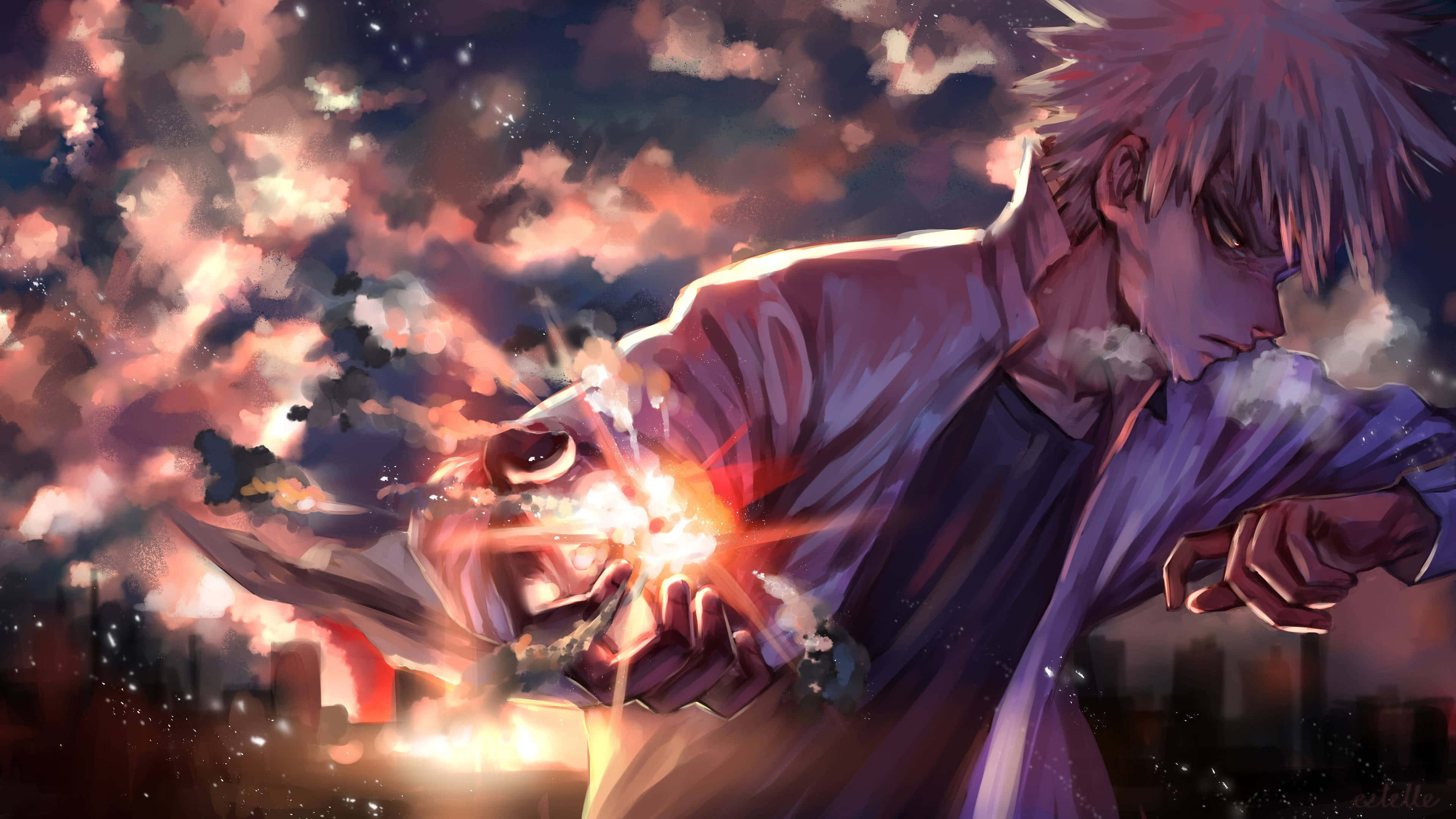 Bakugo 桌布 壁紙 — 一個刺蝟頭髮的動漫角色在火紅的暮色天空下，於掌心匯聚發光能量。
