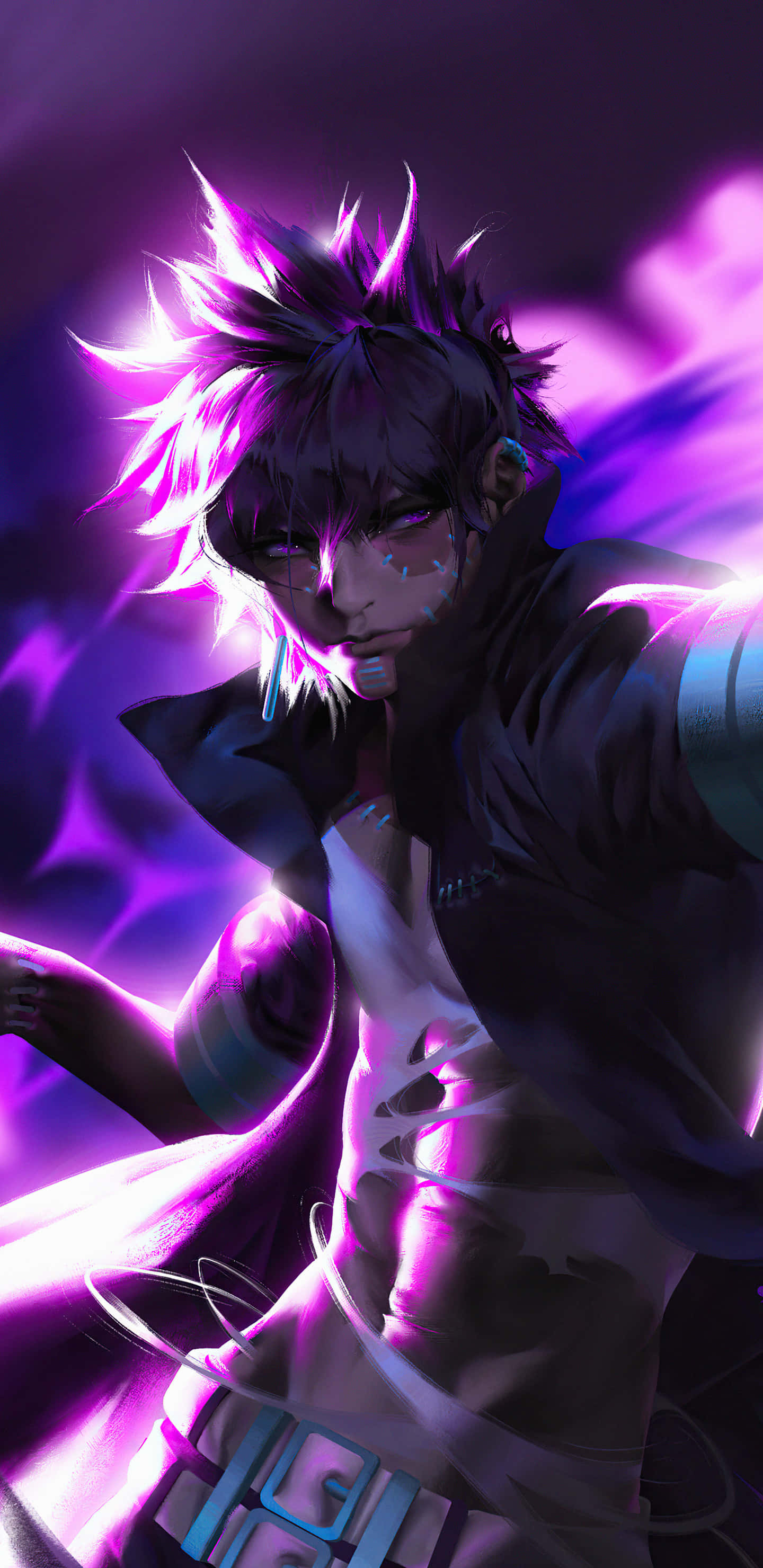 Dabi Boku No Hero 桌布 壁紙 — 一個刺蝟頭髮的動漫角色在發光的宇宙背景下散發出強烈的紫色能量。
