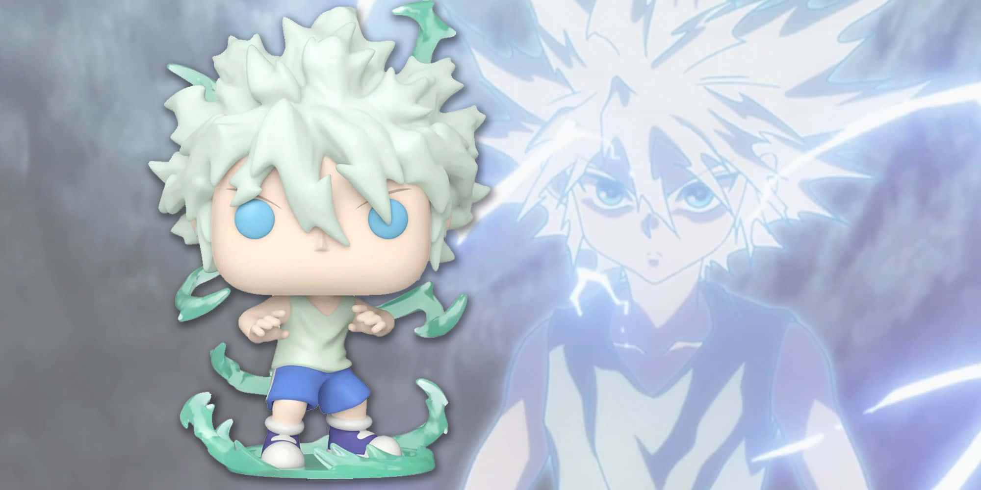 奇犽 桌布 壁紙 — 一個刺蝟頭髮的動漫角色的Funko Pop人偶站在一個發光半透明的自己面前，帶有電光藍色能量。