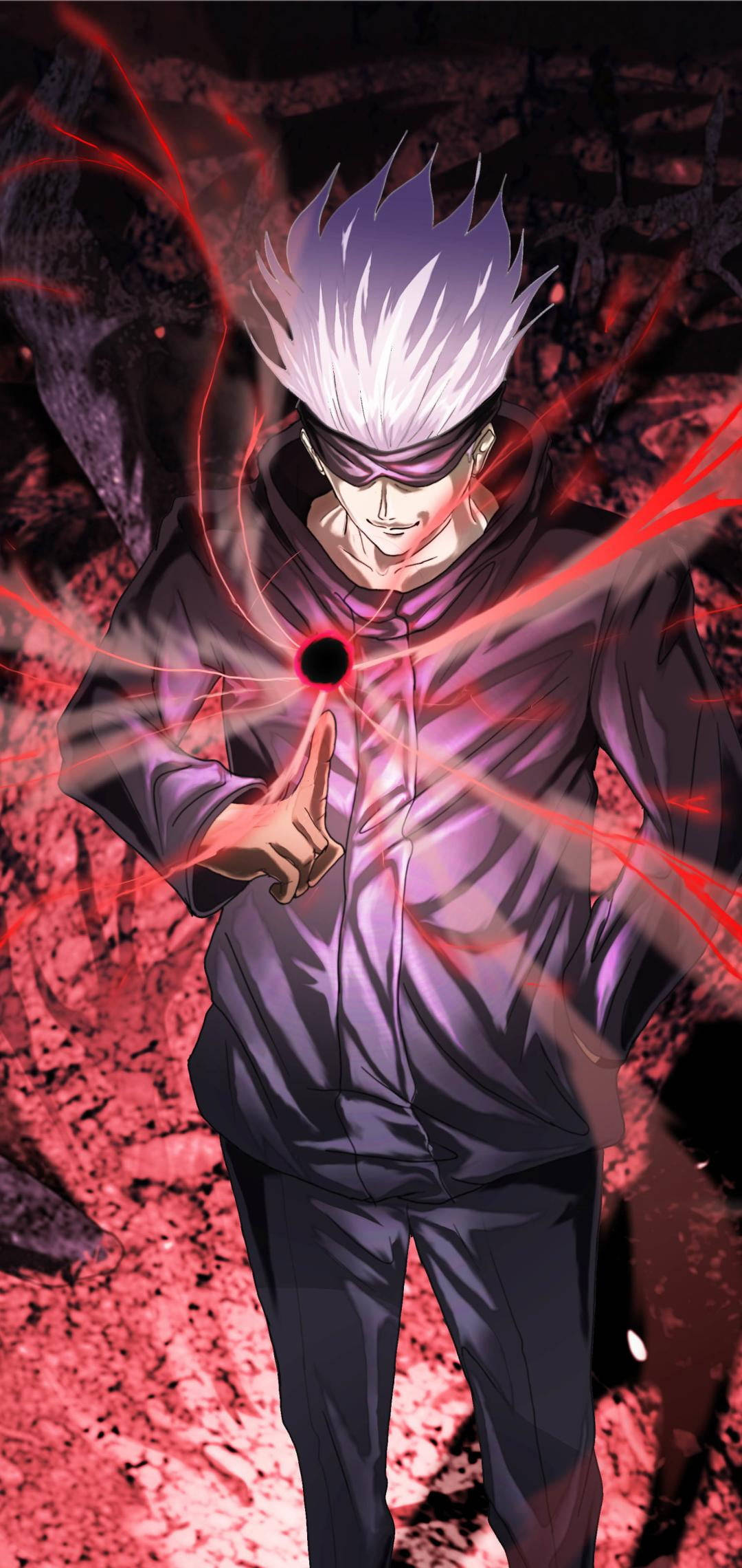 動漫男孩 桌布 壁紙 — 一個刺蝟頭髮的動漫角色穿著深色連帽衫，從手指引導發光的紅色能量，背景是裂開的深紅色。