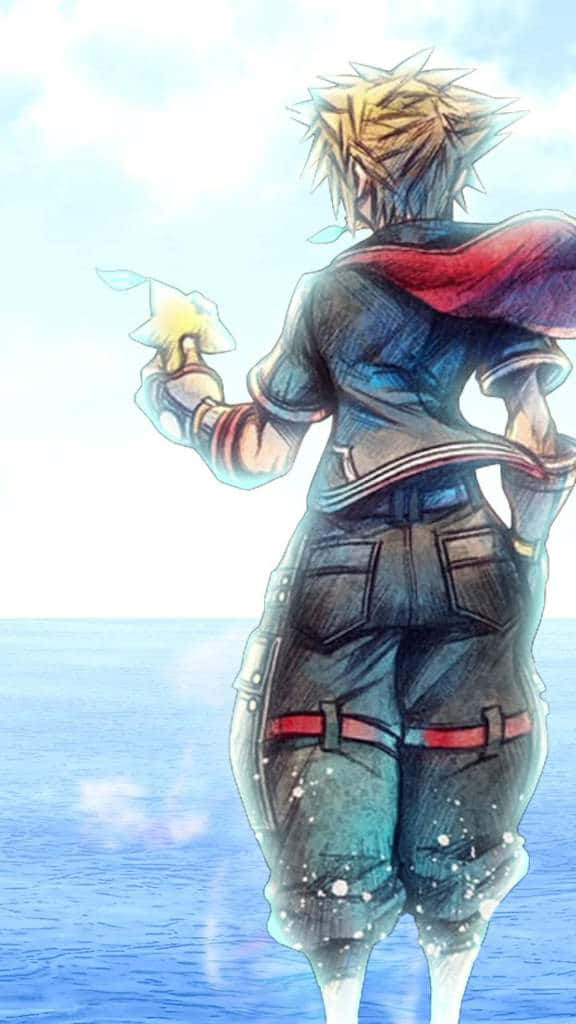 Kingdom Hearts Phone 桌布 壁紙 — 一個刺蝟頭髮的動漫角色站在沙灘上，手持發光的星形物體，背景是明亮的藍天和海洋。