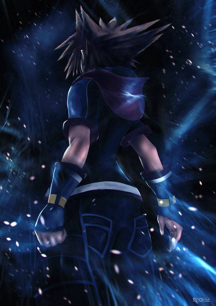 Kingdom Hearts 3 桌布 壁紙 — 一個刺蝟頭髮的動漫角色站在黑暗宇宙背景下，被閃耀的藍色能量光束逆光照射，周圍漂浮著粉紅色花瓣。