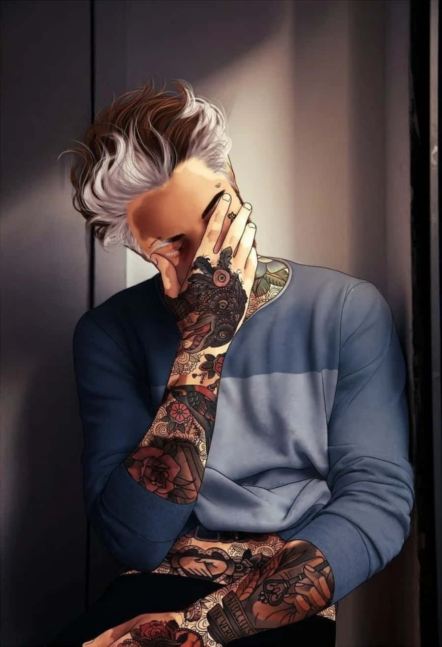 Tattoo Boy 桌布 壁紙 — 一個刺青男子，銀色頭髮，靠在牆上，用手遮住臉，陷入靜默的沉思。