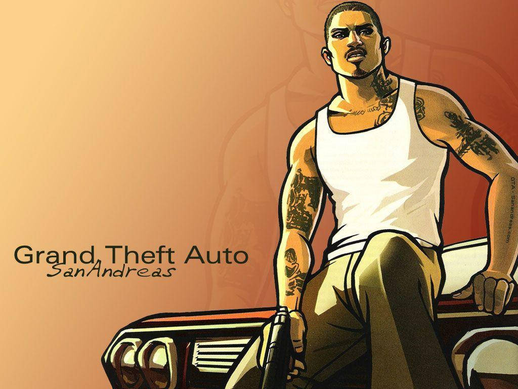 GTA 聖安地列斯 桌布 壁紙 — 一個刺青男子穿著白色背心坐在車上，手持槍枝，帶有「Grand Theft Auto San Andreas」文字。