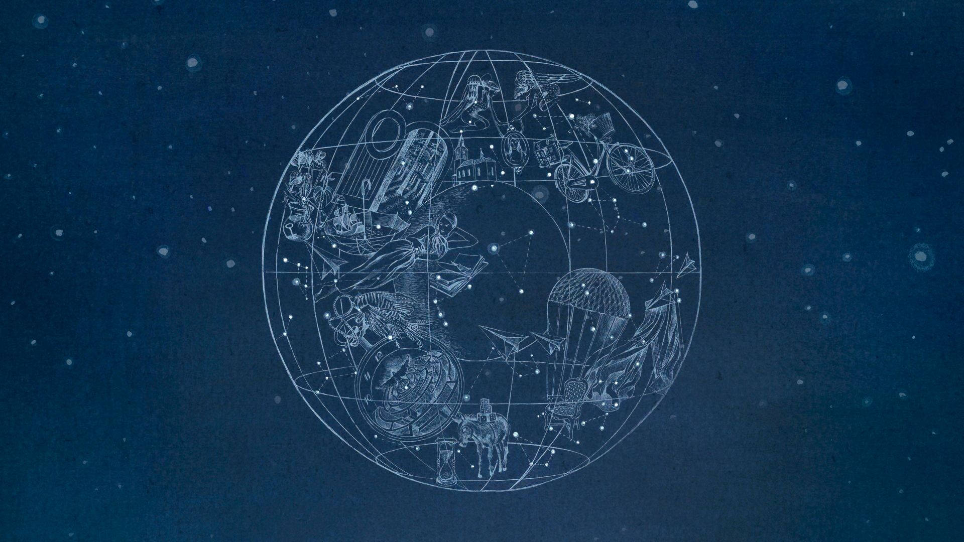 酷玩樂團 桌布 壁紙 — 一個刻有黃道十二星座的天球在繁星點點的午夜藍色天空中閃耀。